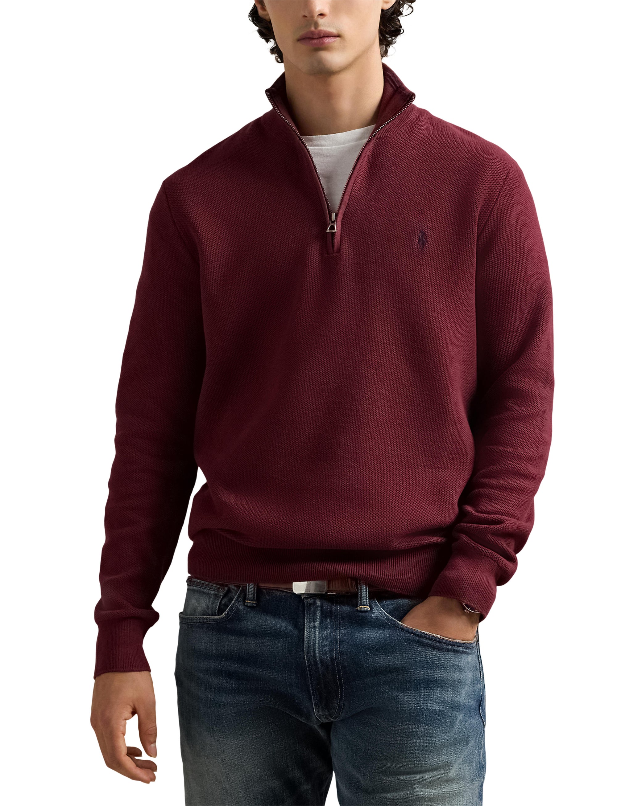Pull demi-zippé en coton piqué - Red Wine