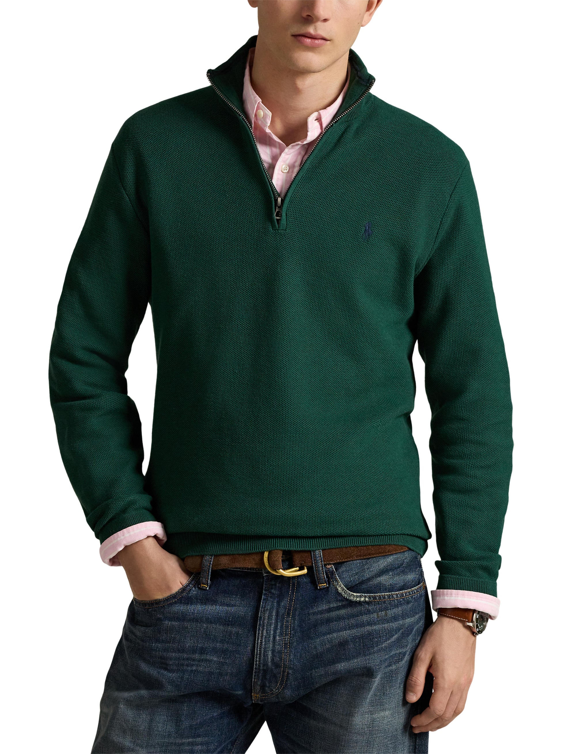 Pull demi-zippé en coton piqué - Vintage Pine