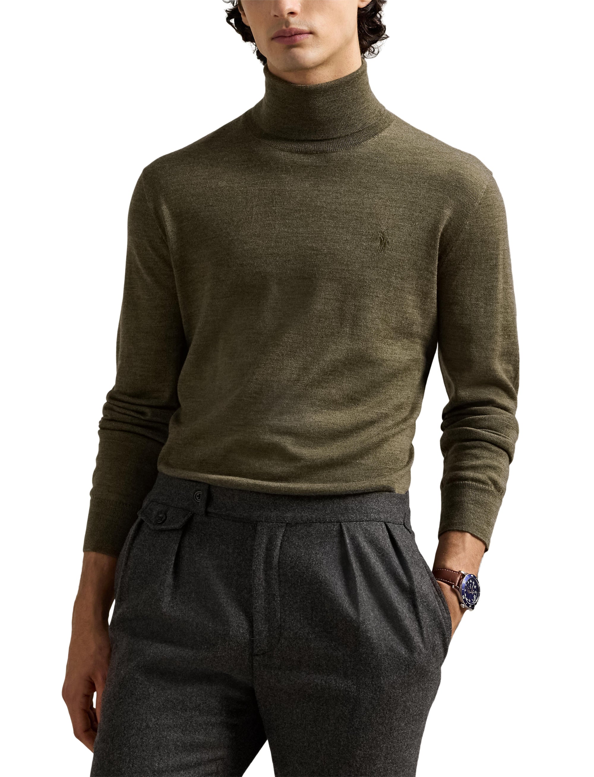 Pull à col roulé en laine lavable - Cargo Olive Heather