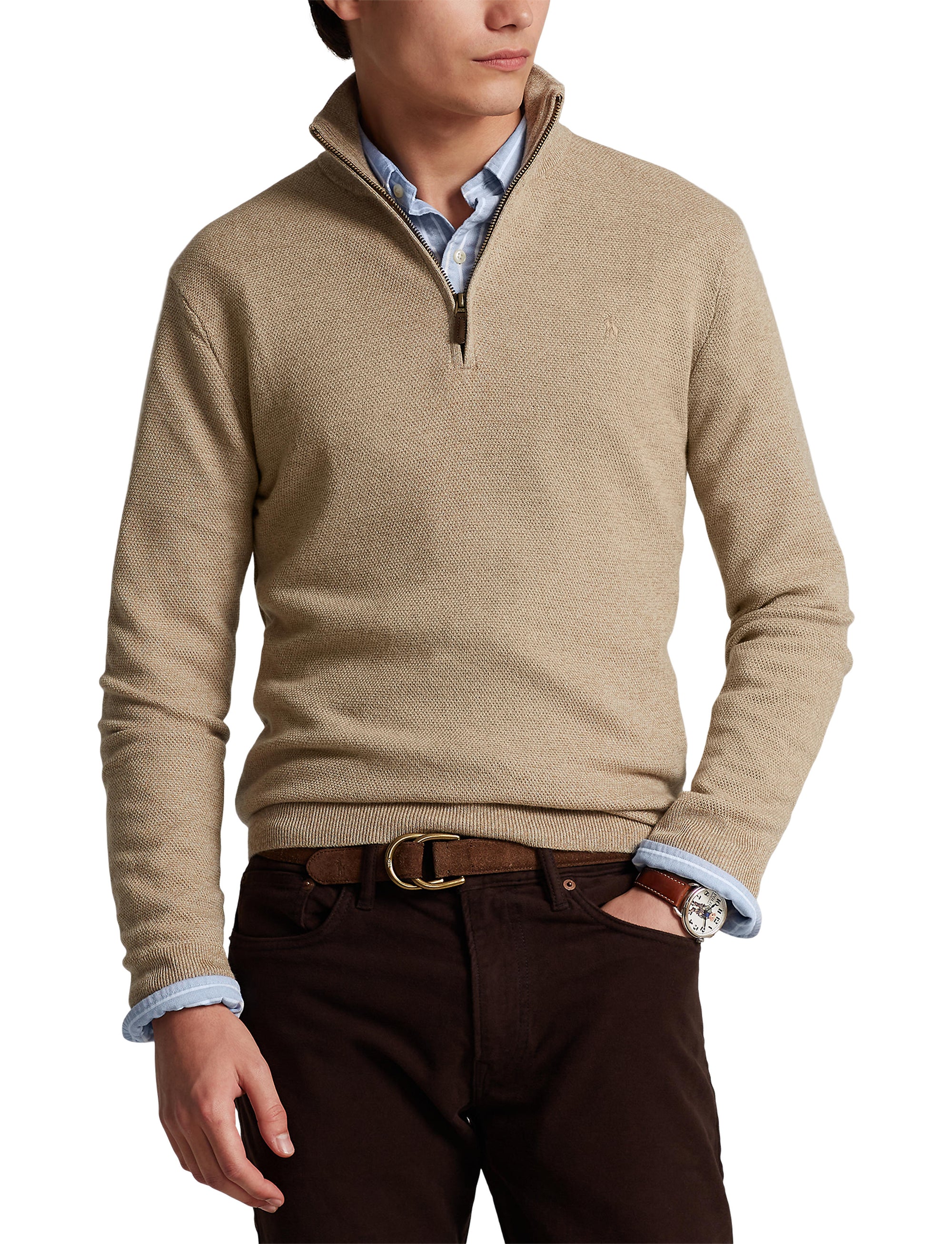 Pull demi-zippé en laine lavable - Tan Marl