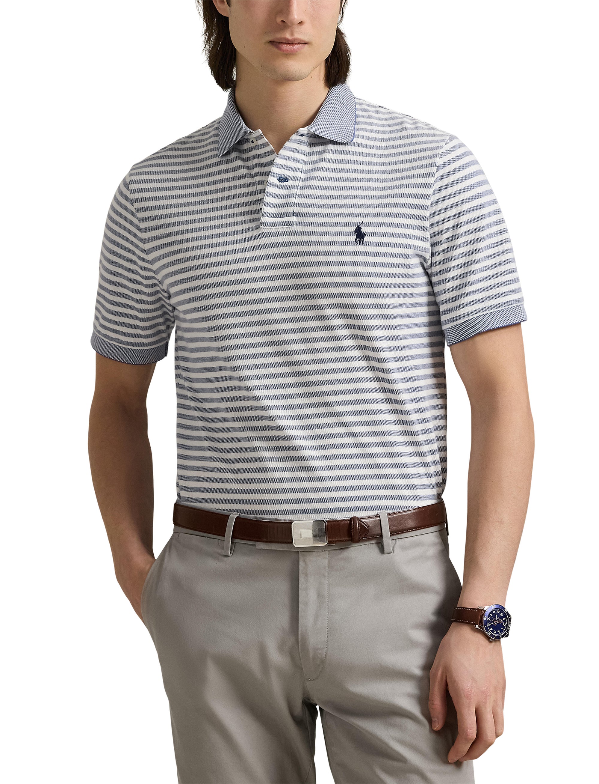 Polo en piqué rayé Custom Slim Fit - Earth Blue & White