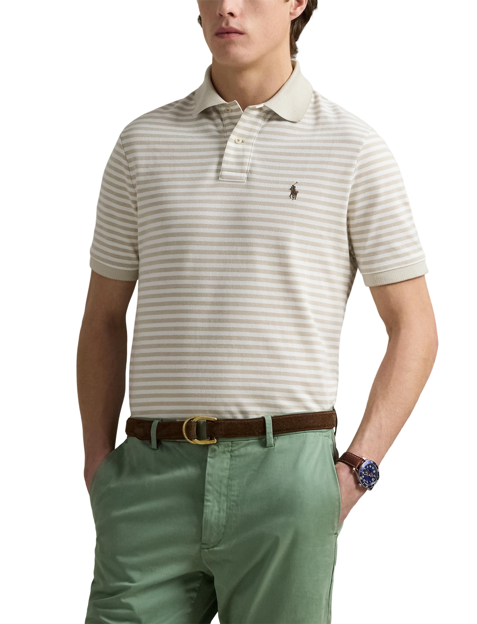 Polo en piqué rayé Custom Slim Fit - Classic Khaki & White