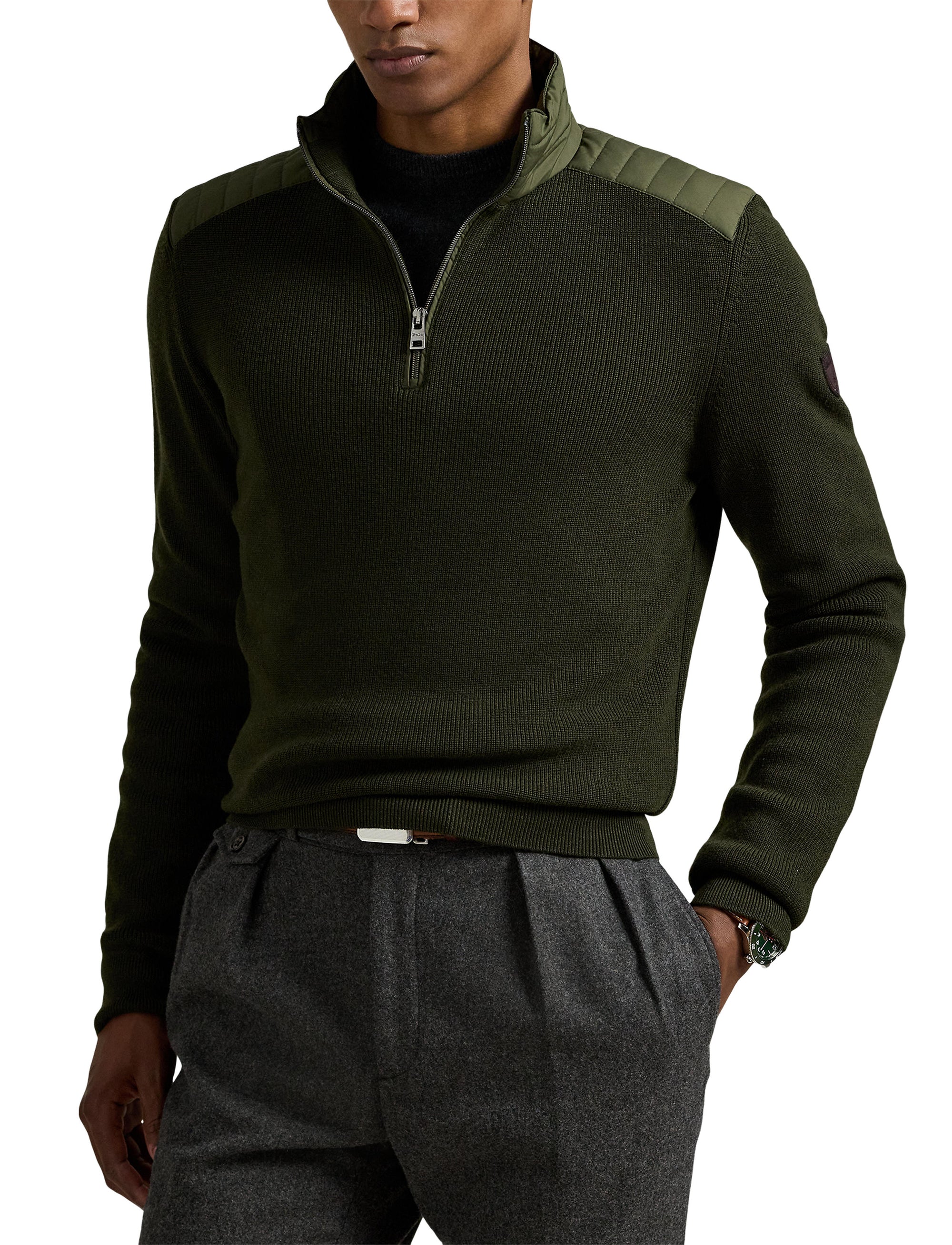 Pull demi-zippé en laine lavable - Olive Combo
