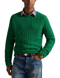 Pull torsadé à renforts en daim - Basil Green