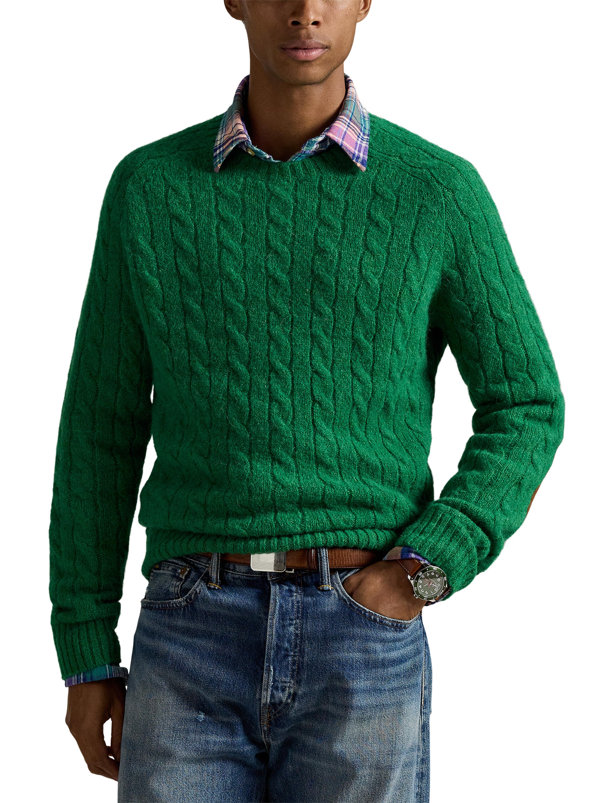Pull torsadé à renforts en daim - Basil Green