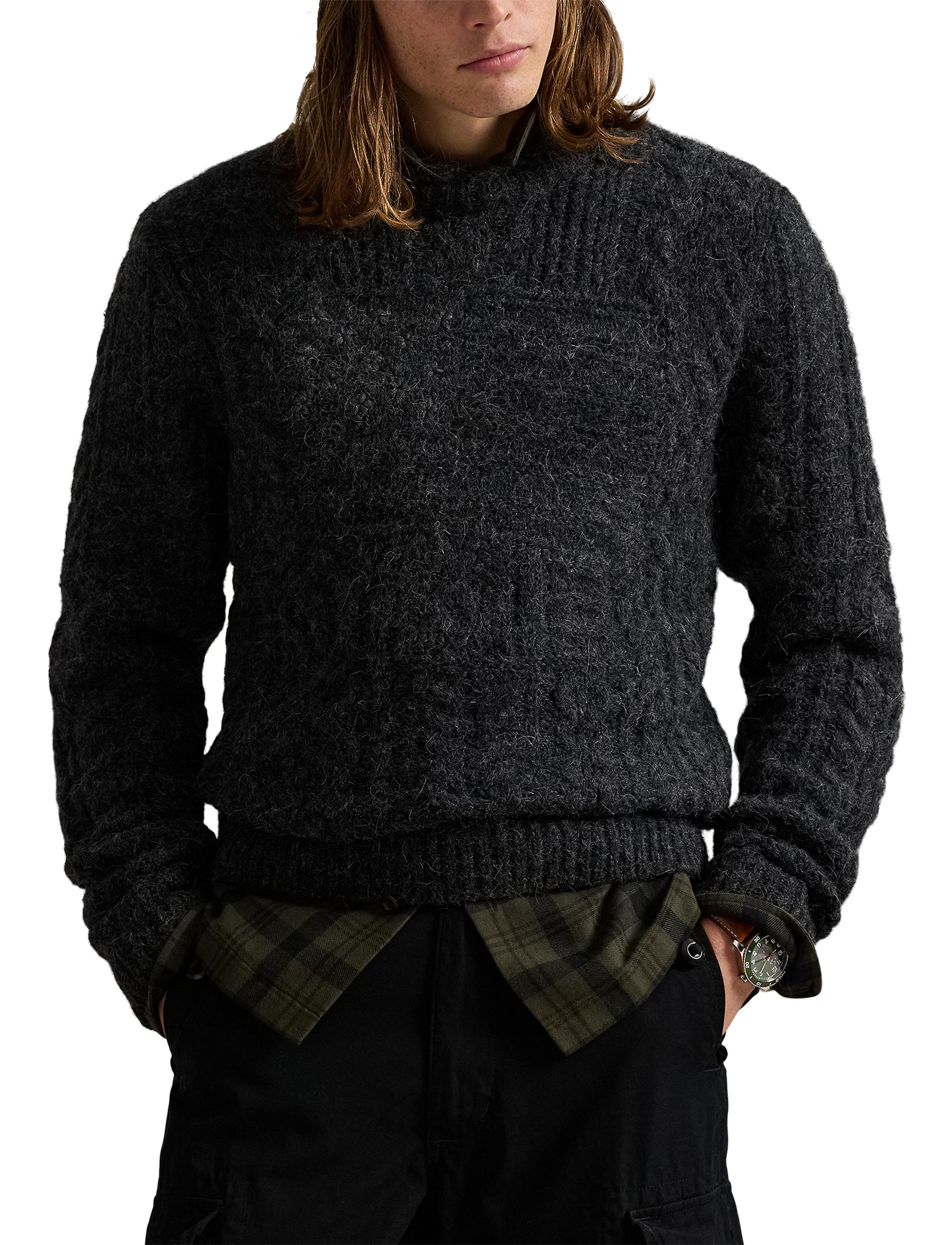 Pull drapeau tricot d'Aran en laine - Dark Granite Heather