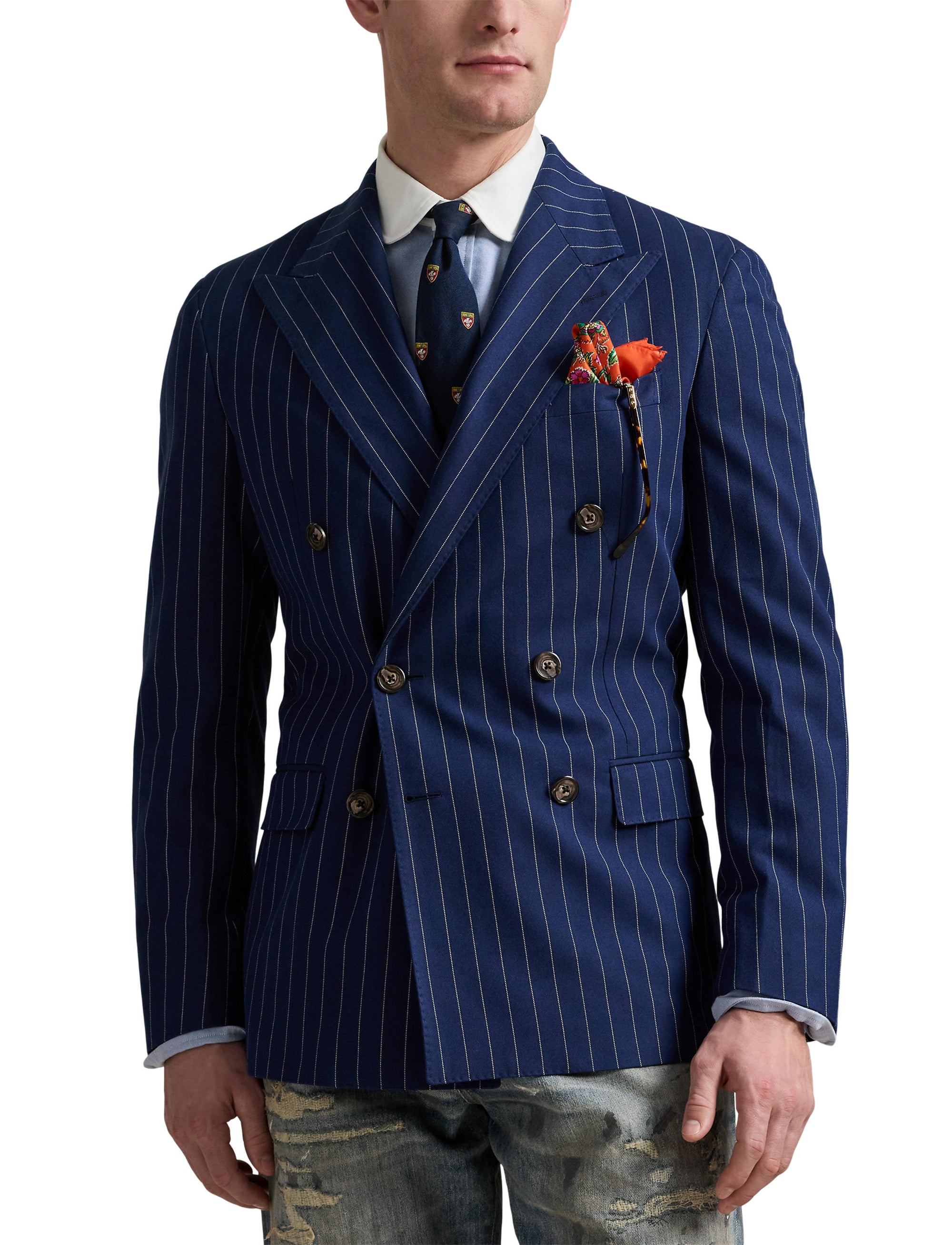 Veste de costume Polo ajustée à rayures en soie mélangée - Bright Navy & Cream
