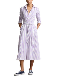 Belted cotton striped shirt-dress - White & Purple