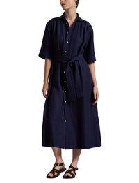 Belted silk and blended shirt-dress - New Navy