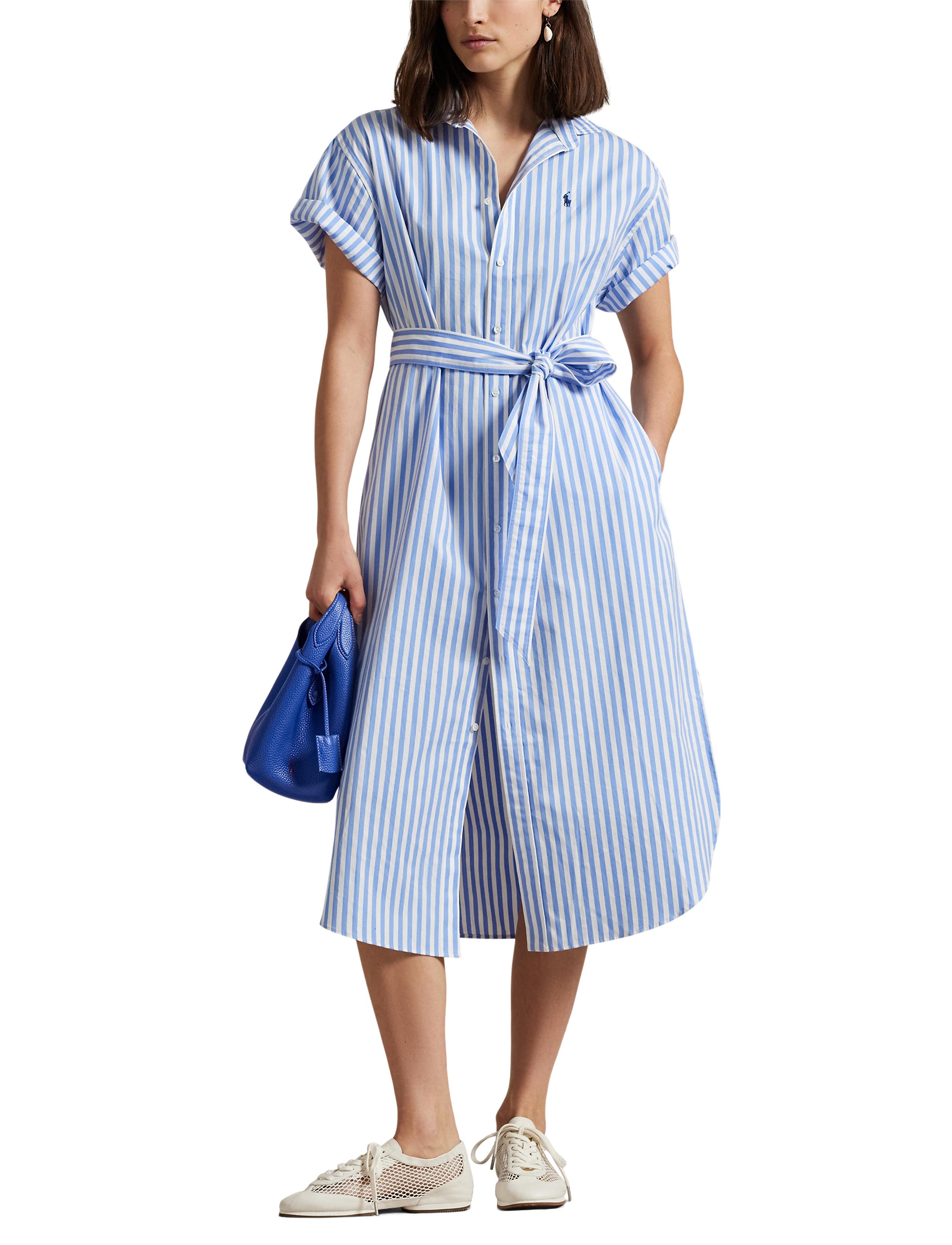 Robe-chemise ceinturée en coton rayé  - Blue & White Stripe