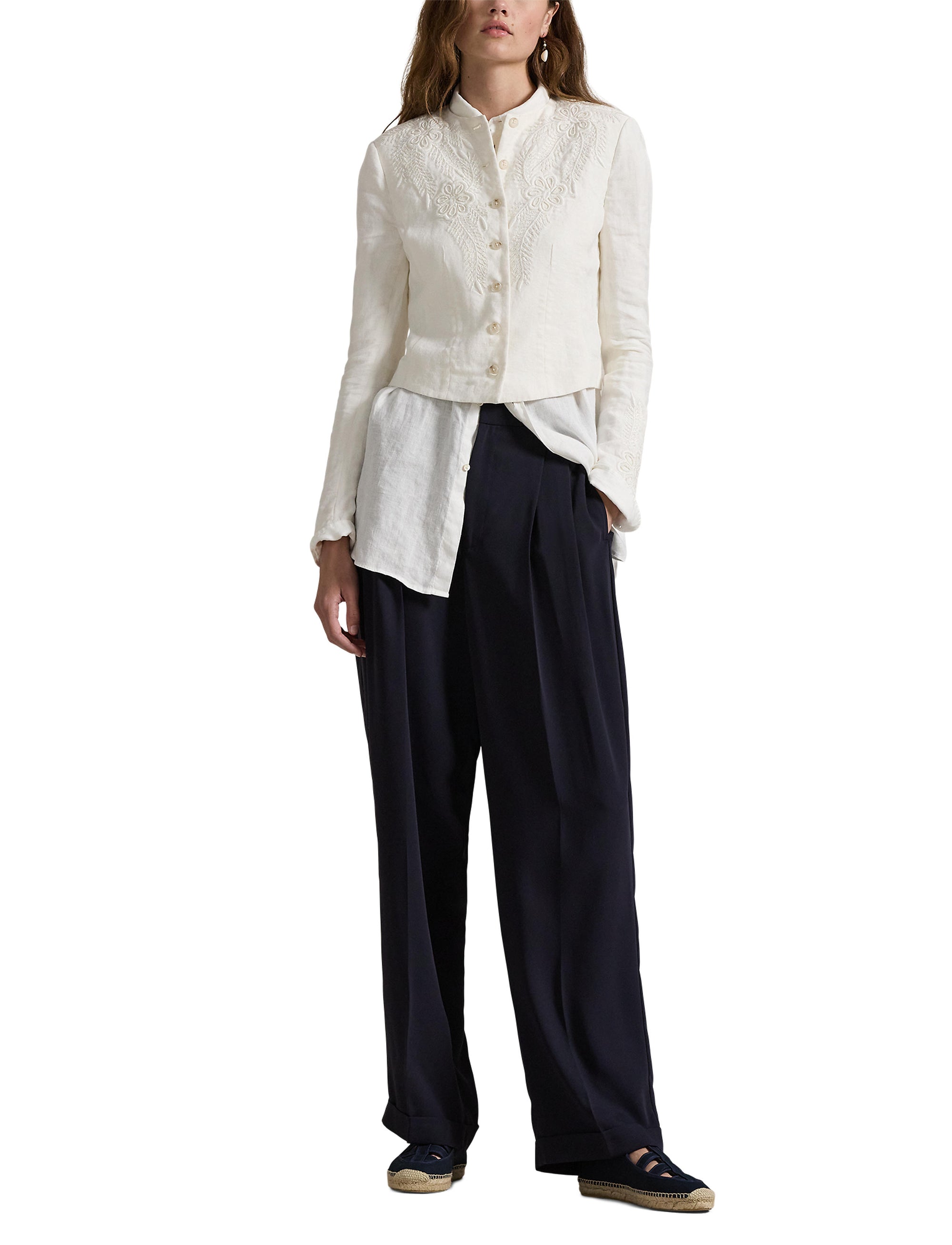 Veste à broderie fleurie en lin - Cream