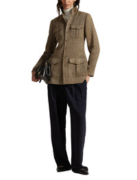 Linen and silk blend herringbone mock neck jacket - Brown & Cream Herringbone