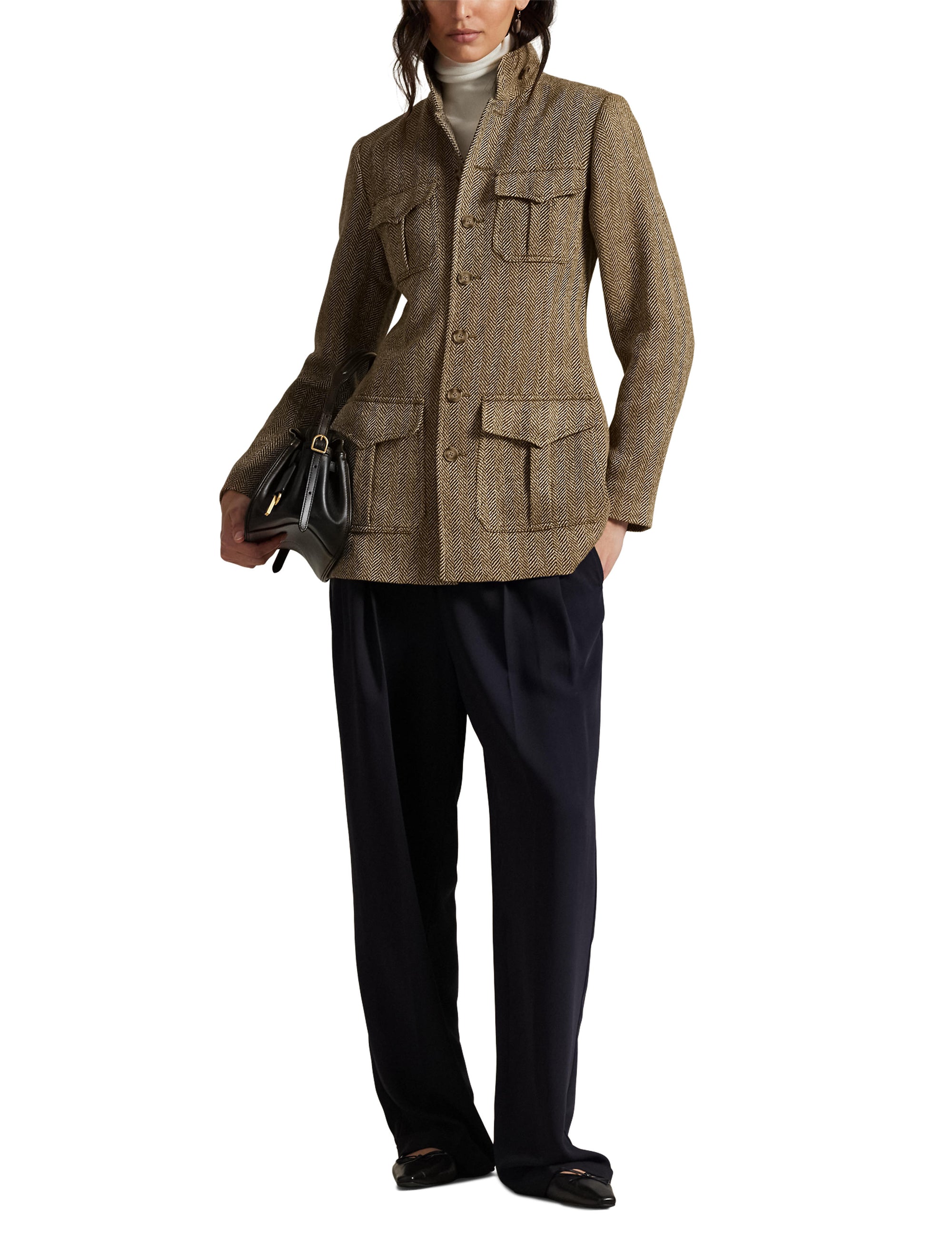 Linen and silk blend herringbone mock neck jacket - Brown & Cream Herringbone