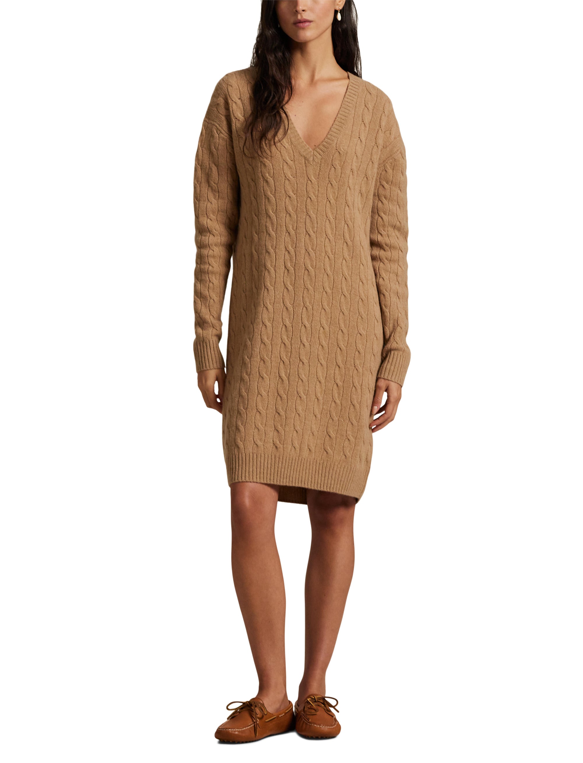Robe-pull torsadée col V en laine et cachemire mélangé - Collection Camel Melange