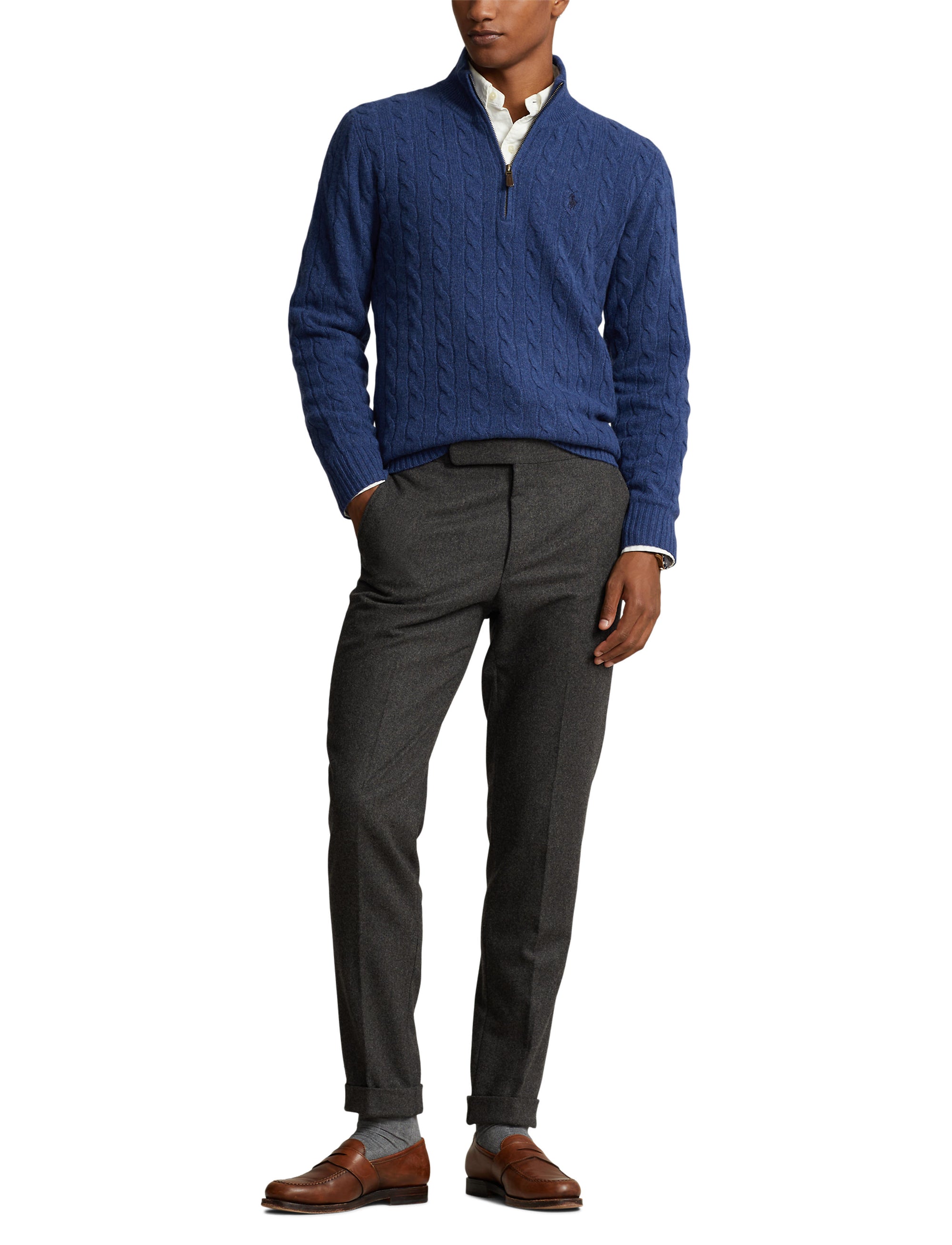 Pull torsadé demi-zippé en laine - Rustic Navy Heather
