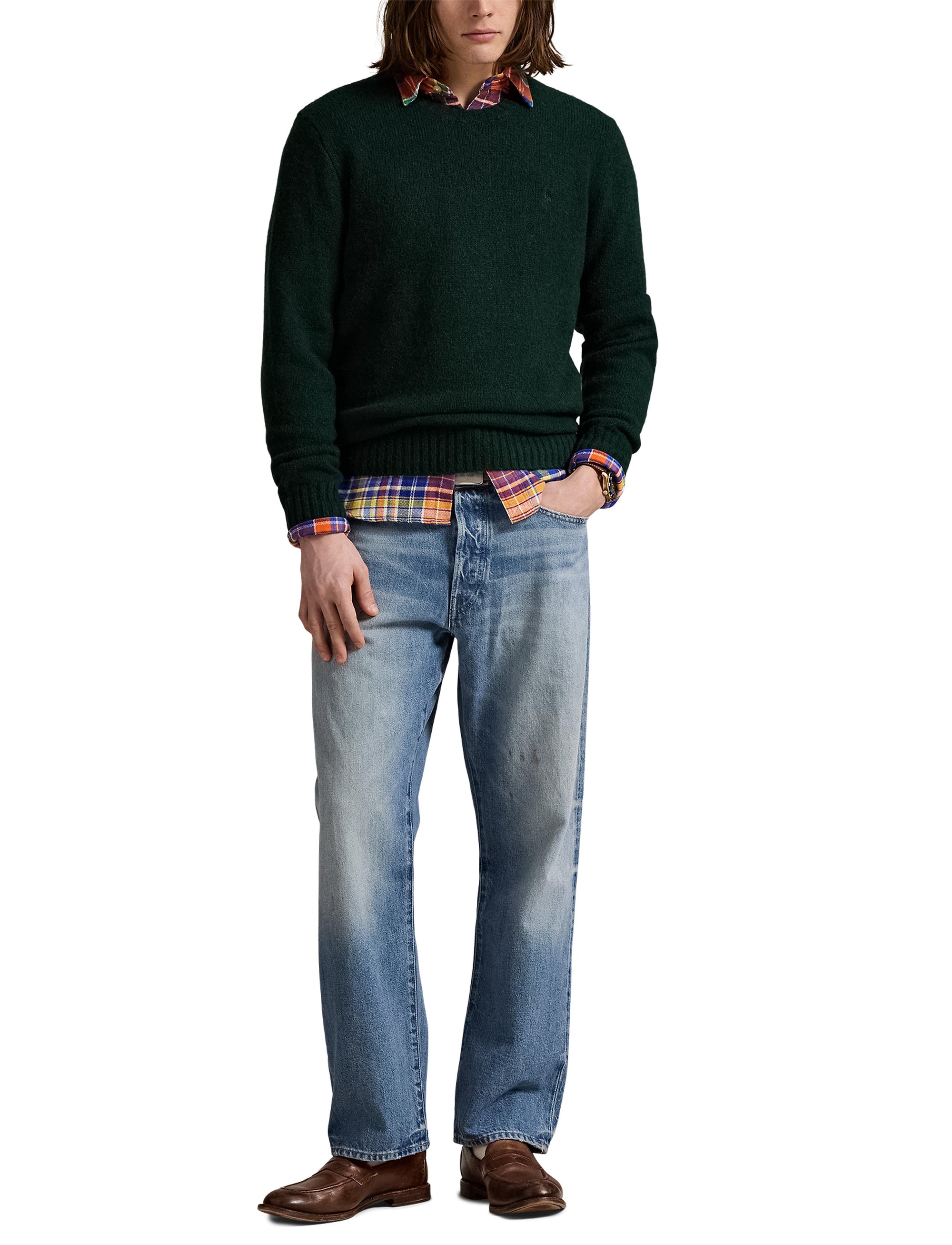 Pull col rond texturé en laine - Moss Agate