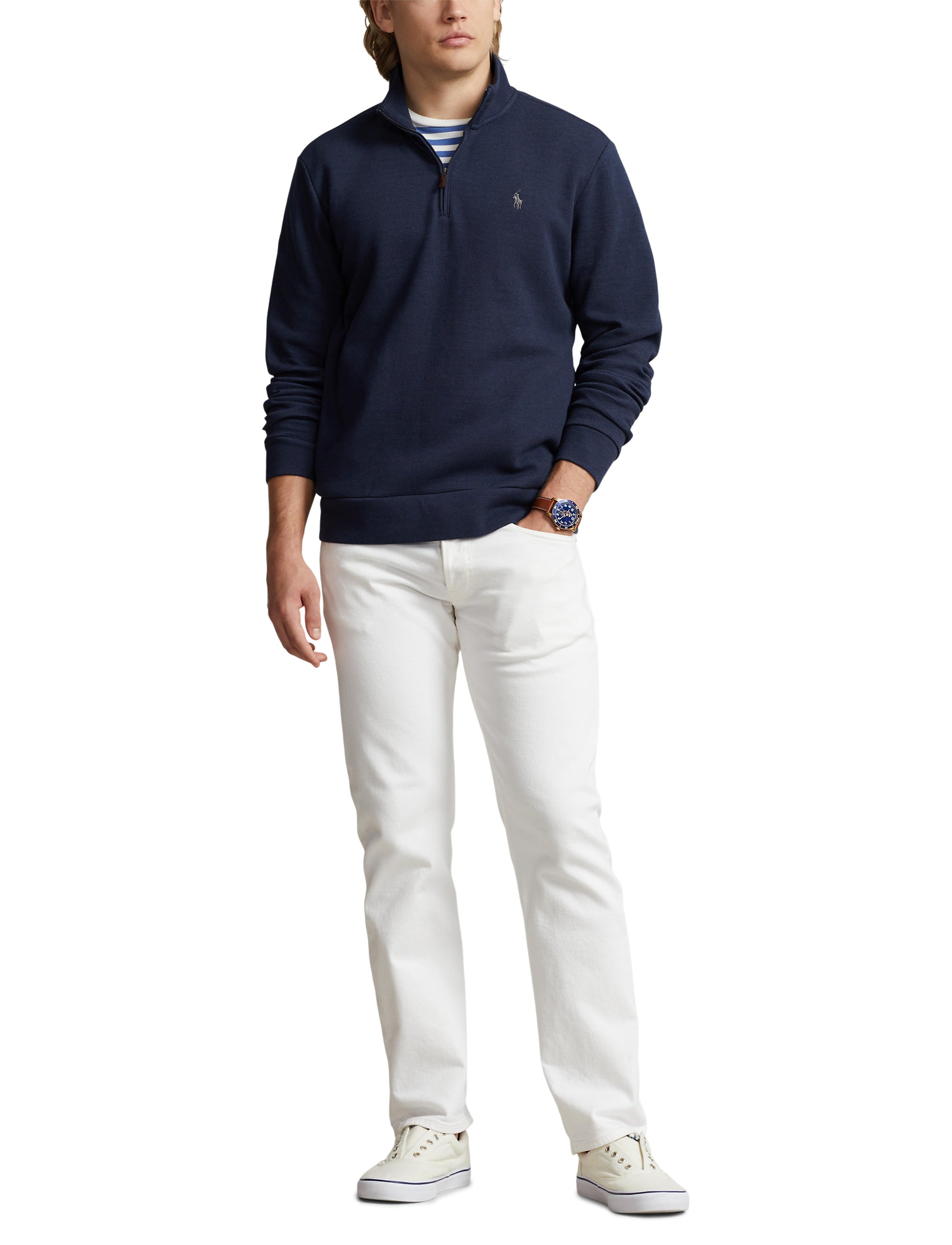Pull demi-zippé à maille double en piqué - Aviator Navy
