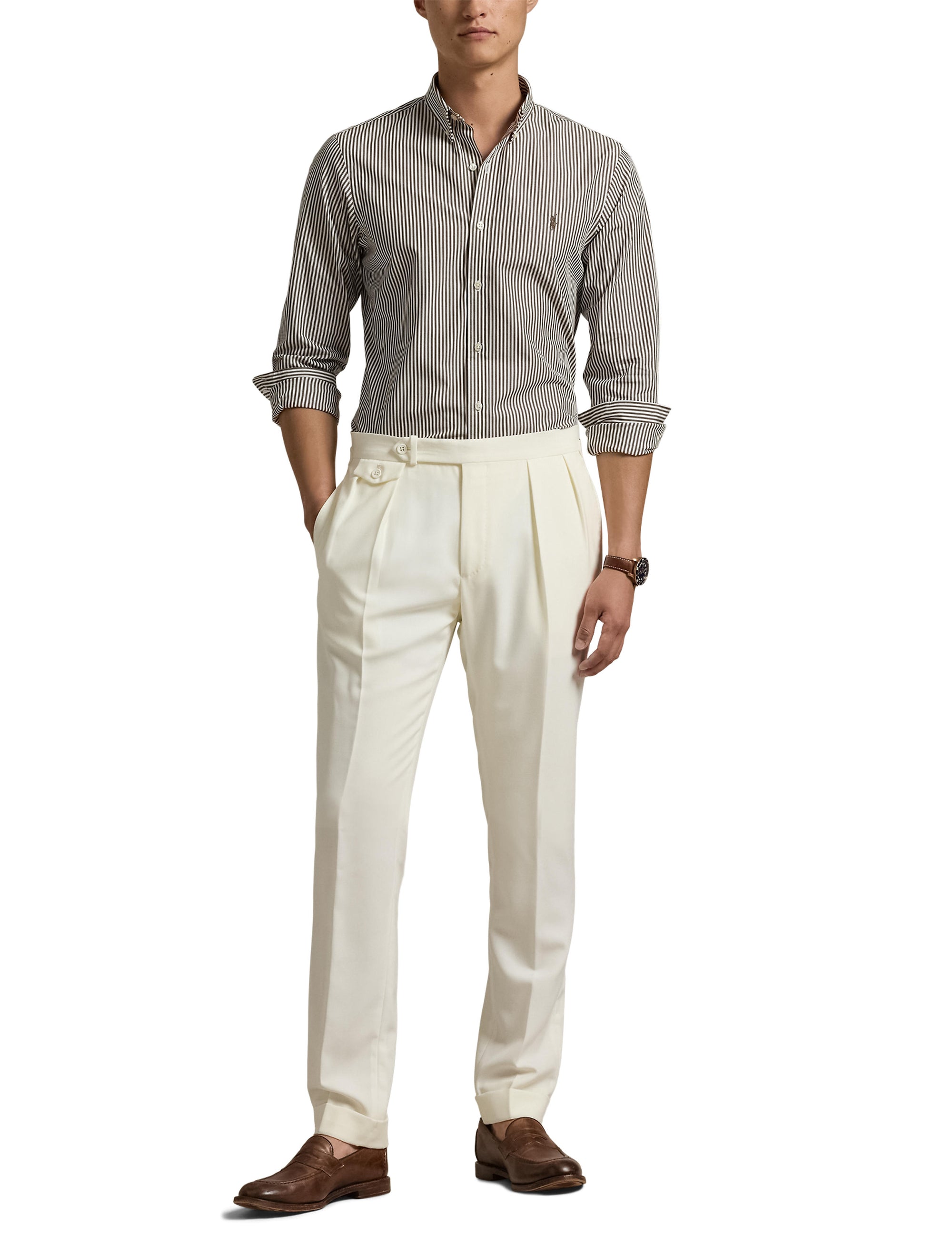 Chemise rayée Custom Fit popeline - Cooper Brown & White