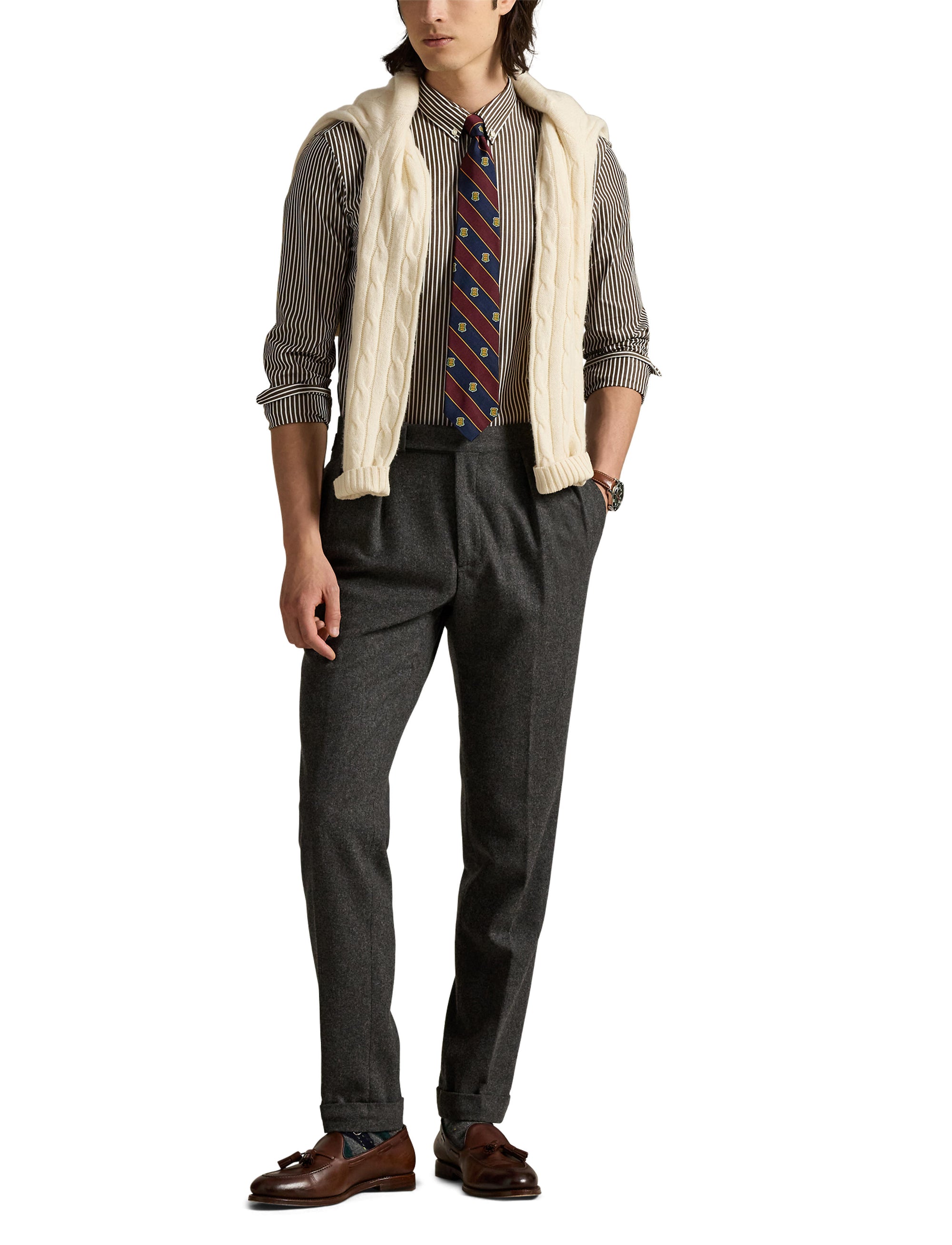 Chemise rayée Custom Fit popeline - Copper Brown & White
