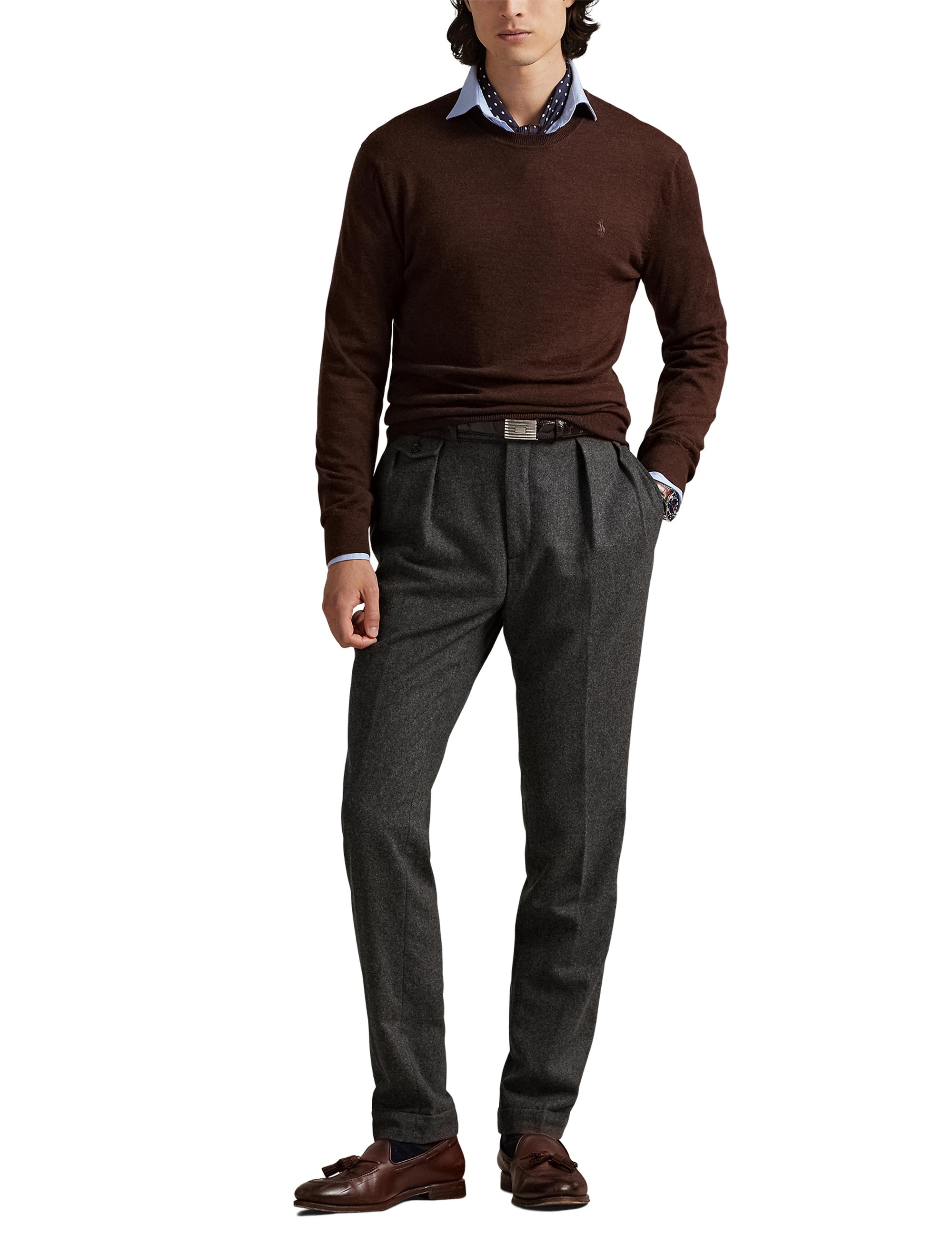 Pull col rond lavable Slim Fit en laine - Burnt Brown Melange