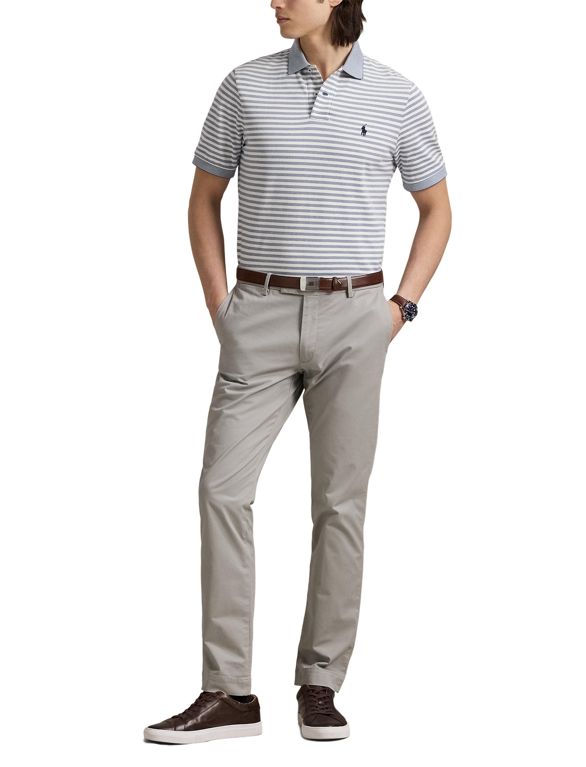 Polo en piqué rayé Custom Slim Fit - Earth Blue & White
