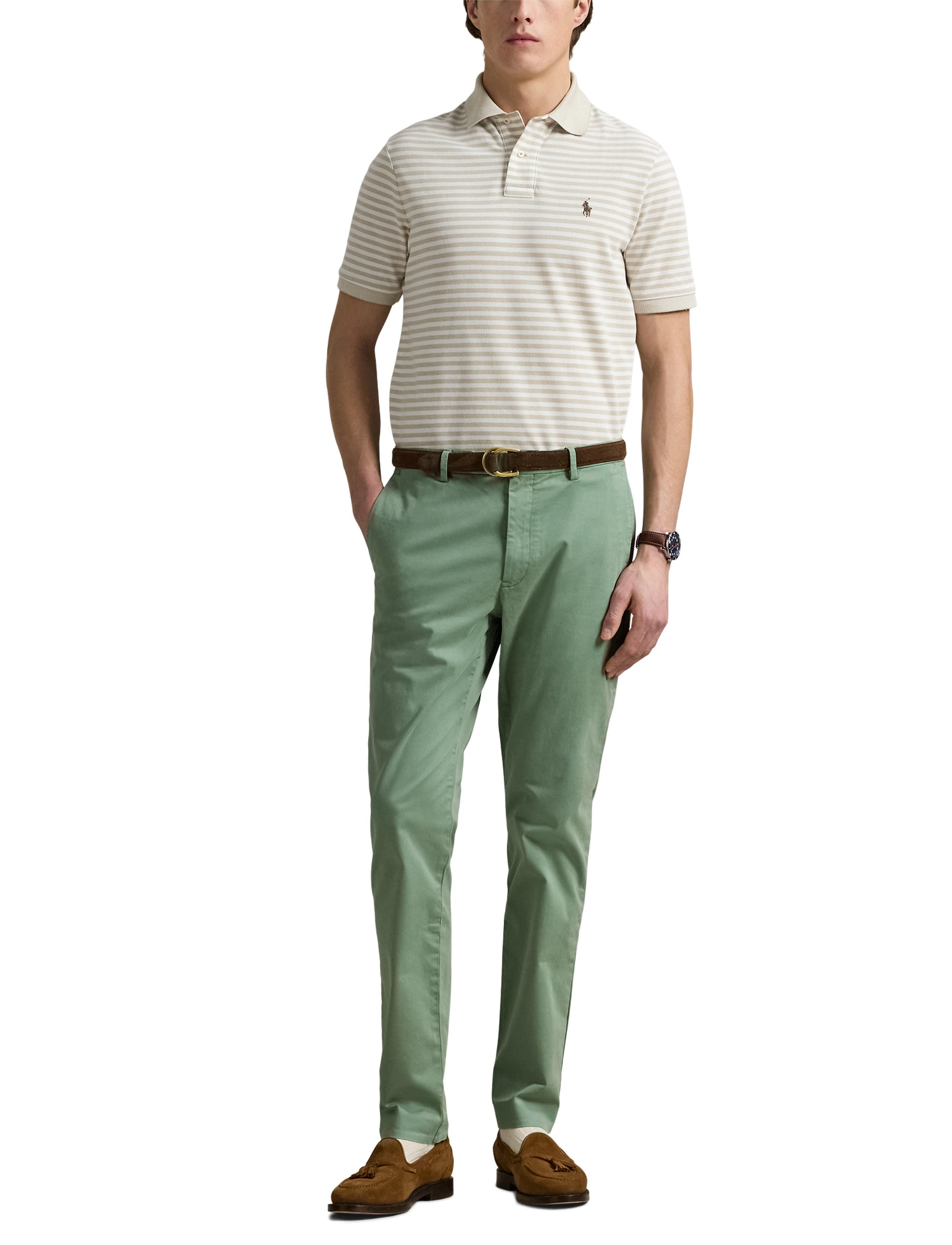 Polo en piqué rayé Custom Slim Fit - Classic Khaki & White