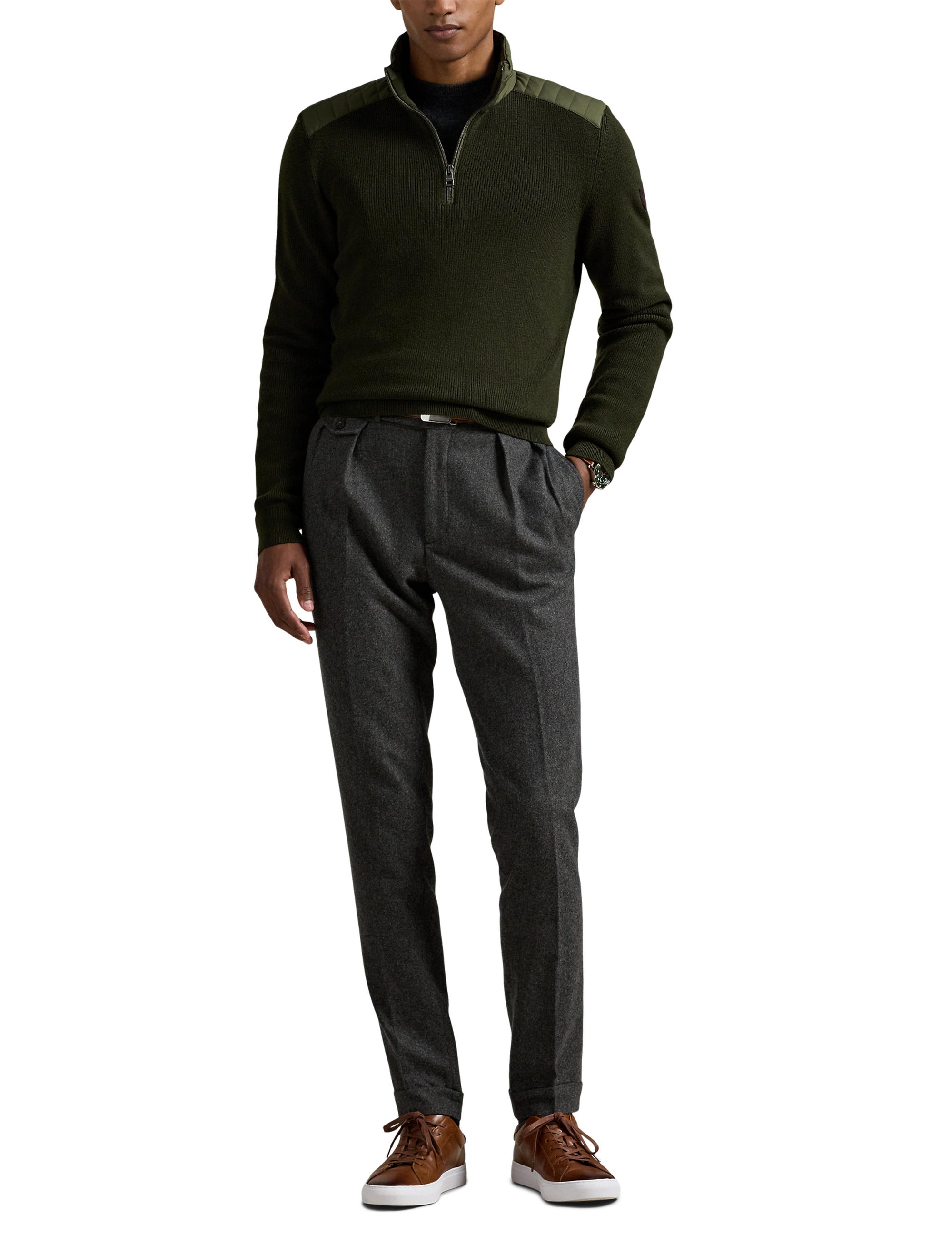 Pull demi-zippé en laine lavable - Olive Combo