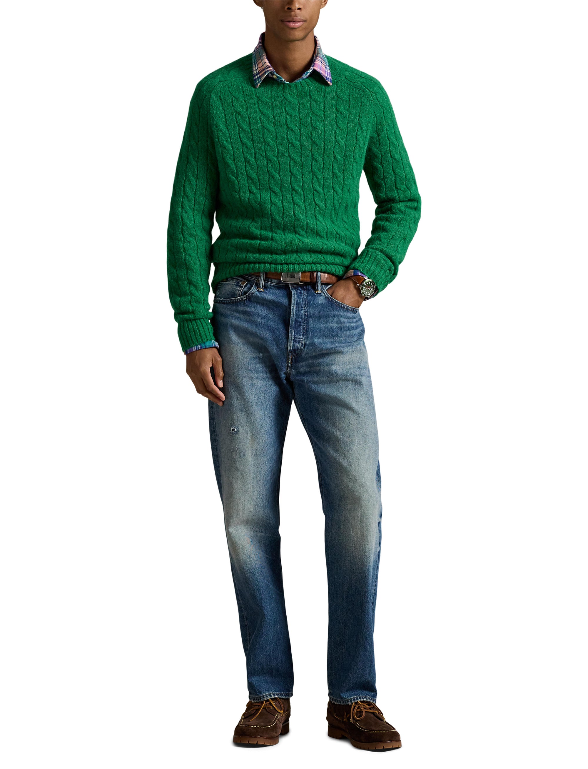 Pull torsadé à renforts en daim - Basil Green