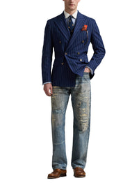 Veste de costume Polo ajustée à rayures en soie mélangée - Bright Navy & Cream