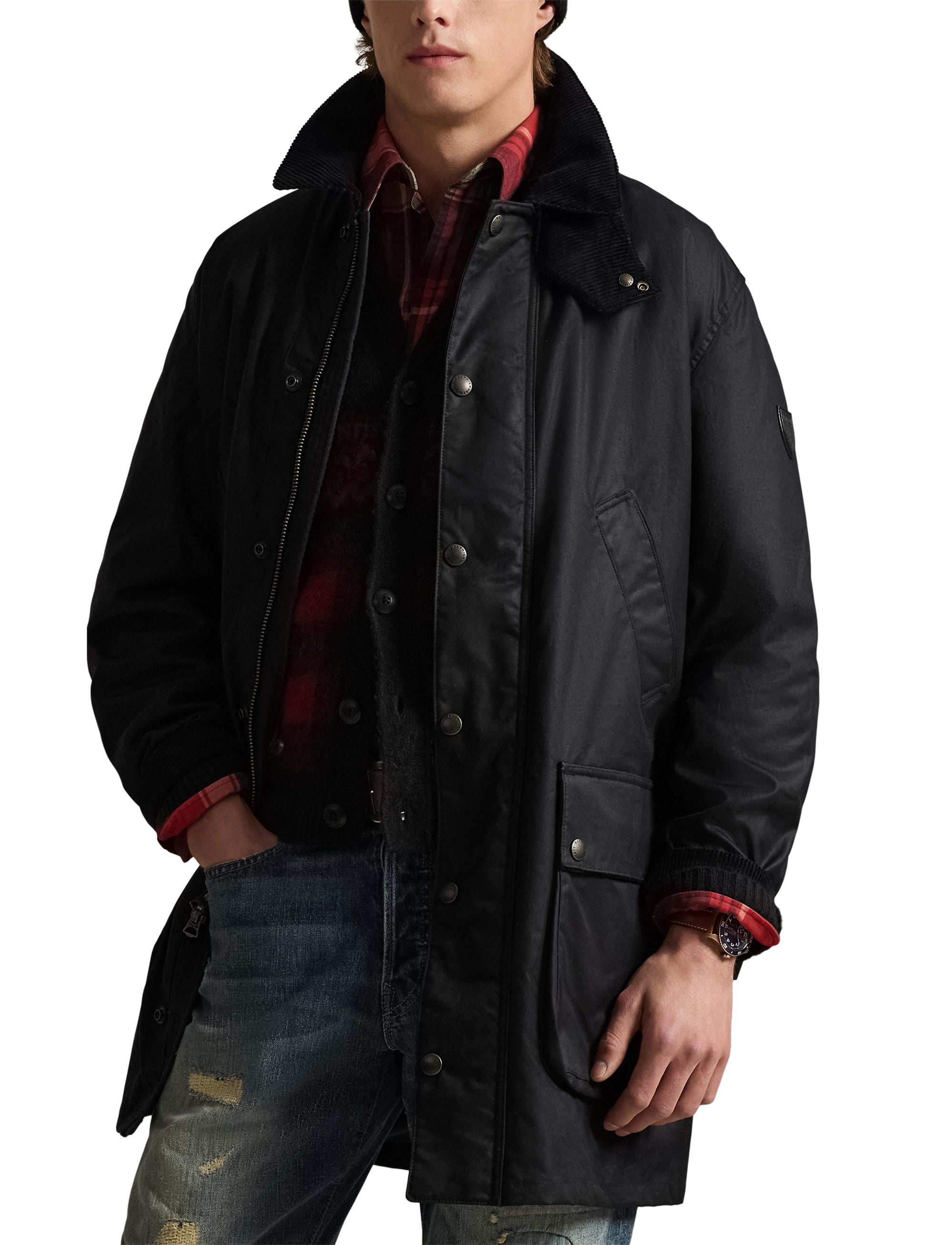 Emblematic three-quarter length waxed canvas coat - Polo Black