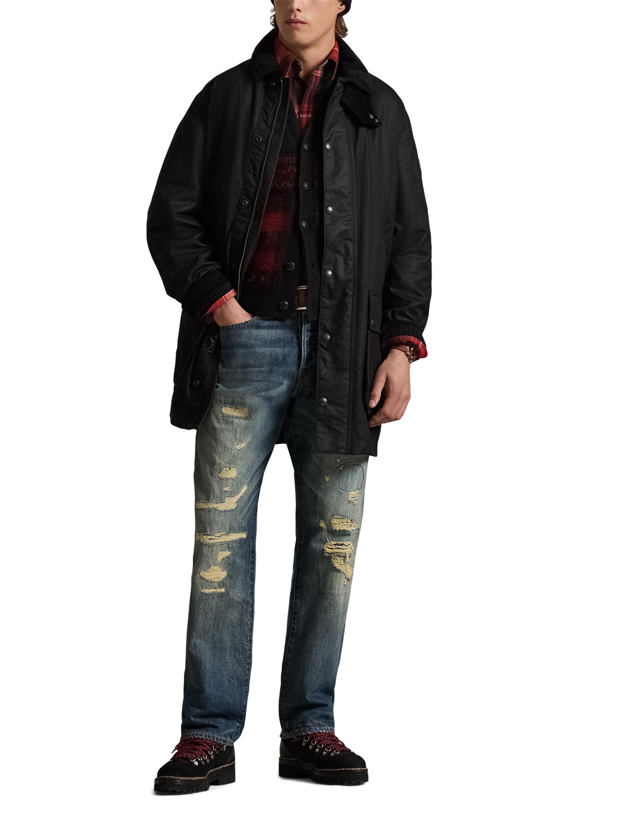 Emblematic three-quarter length waxed canvas coat - Polo Black