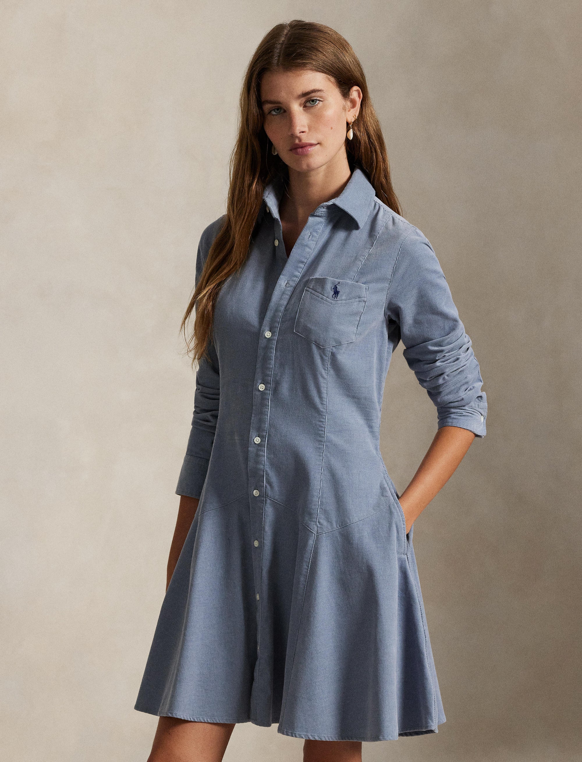 Robe-chemise trapèze en velours côtelé - Blue
