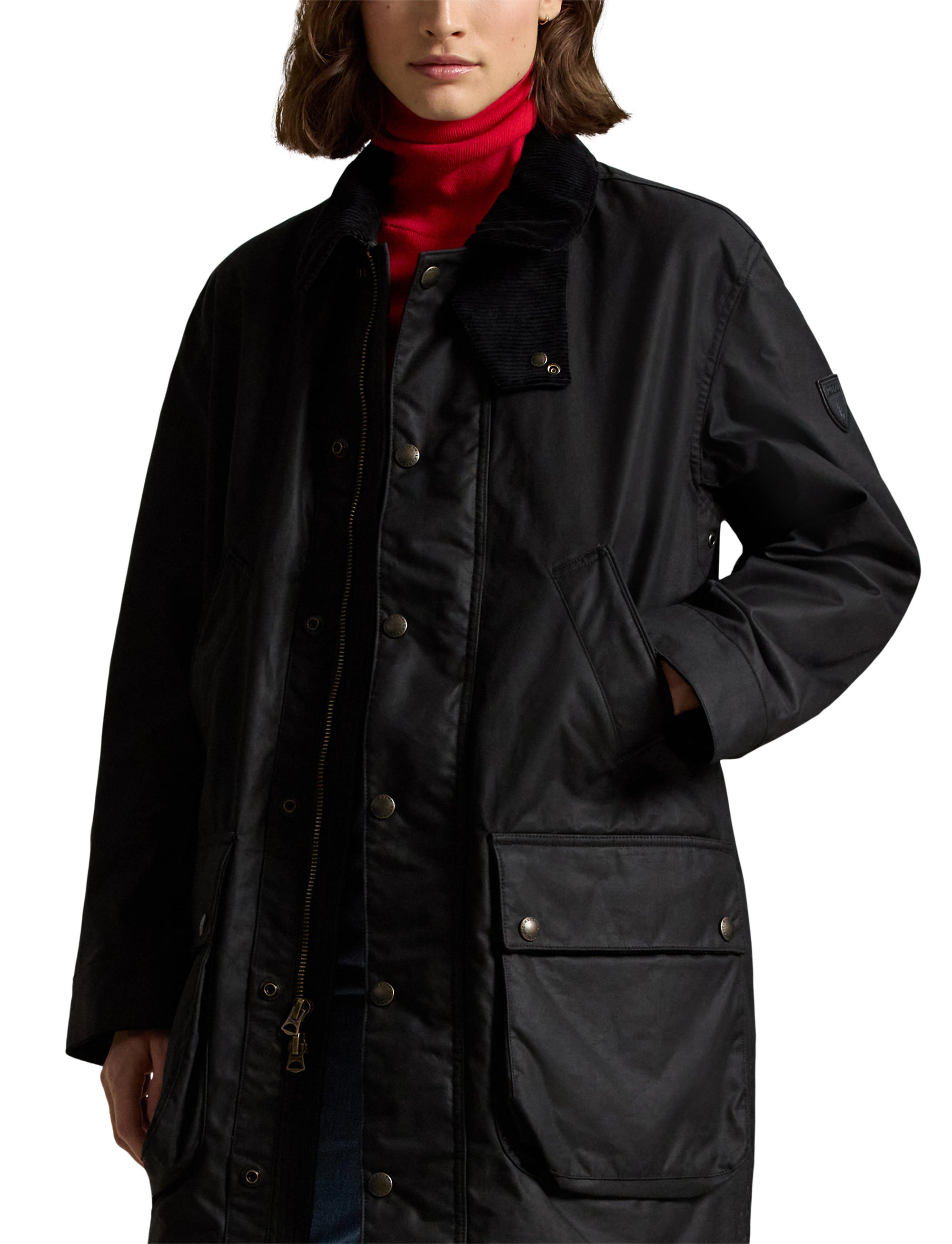Emblematic three-quarter length waxed canvas coat - Polo Black