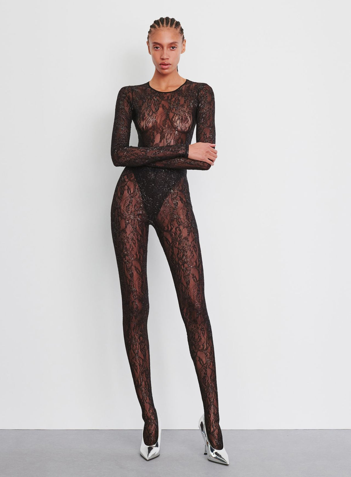 Metallic Lace Bodysuit - Black / Silver