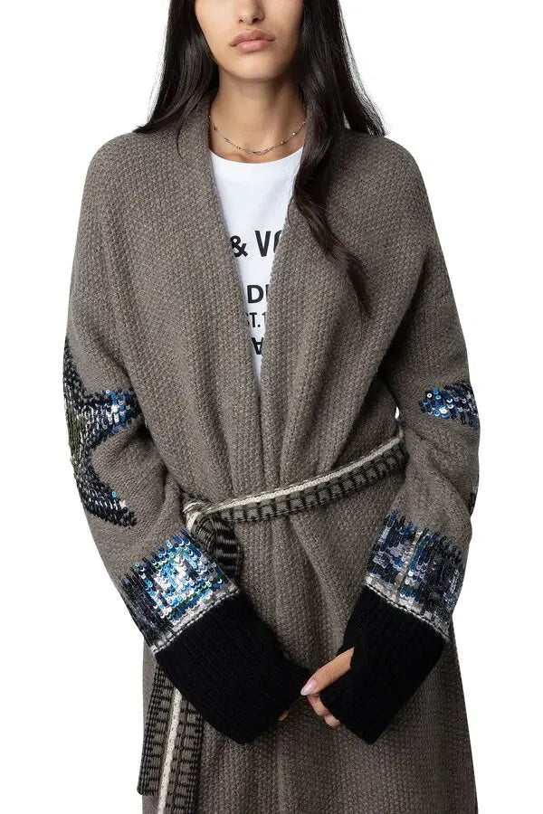 Gilet Rosanny Sequins en cachemire - Taupe Fonce