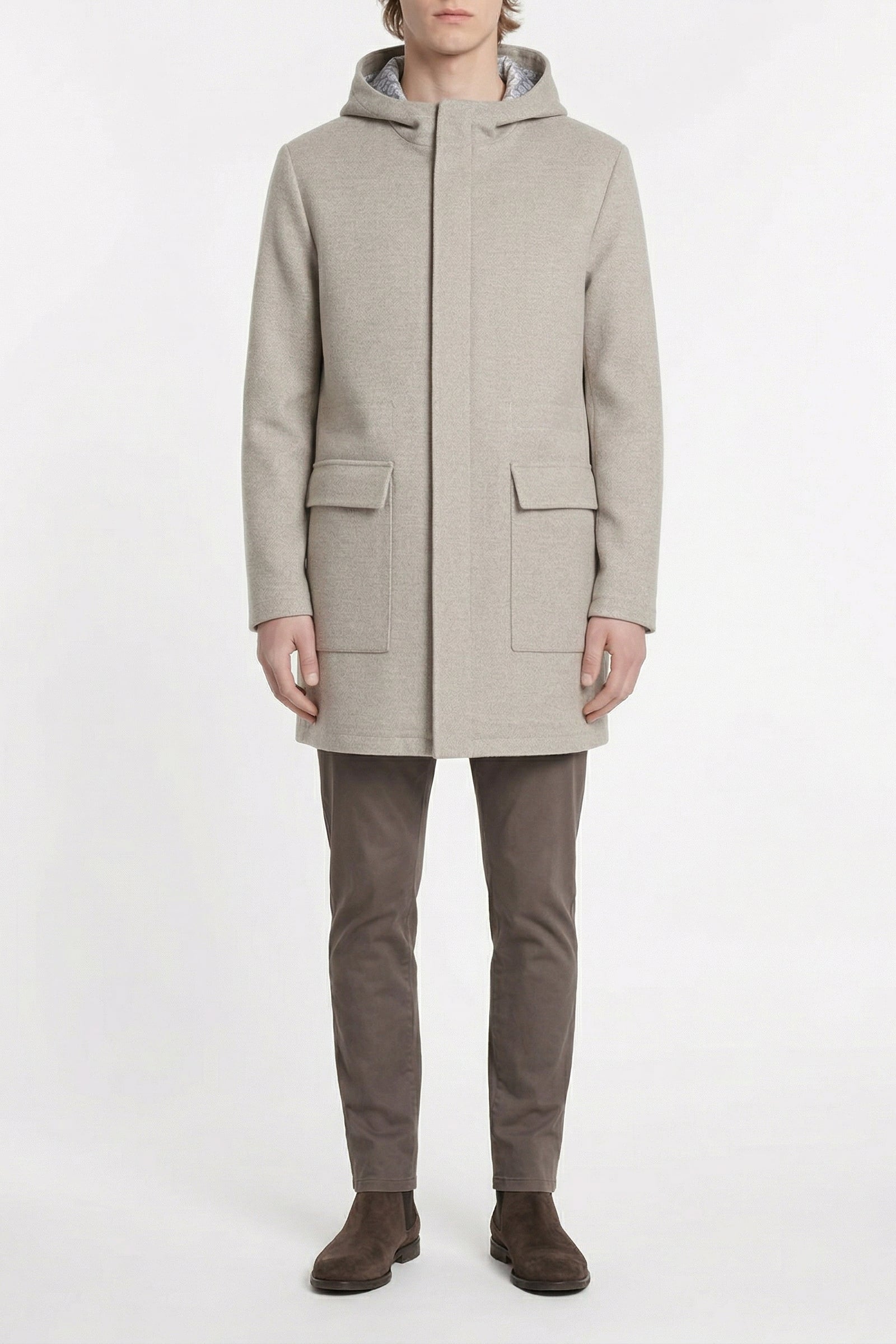Manteau à capuche avec motif en laine - Beige