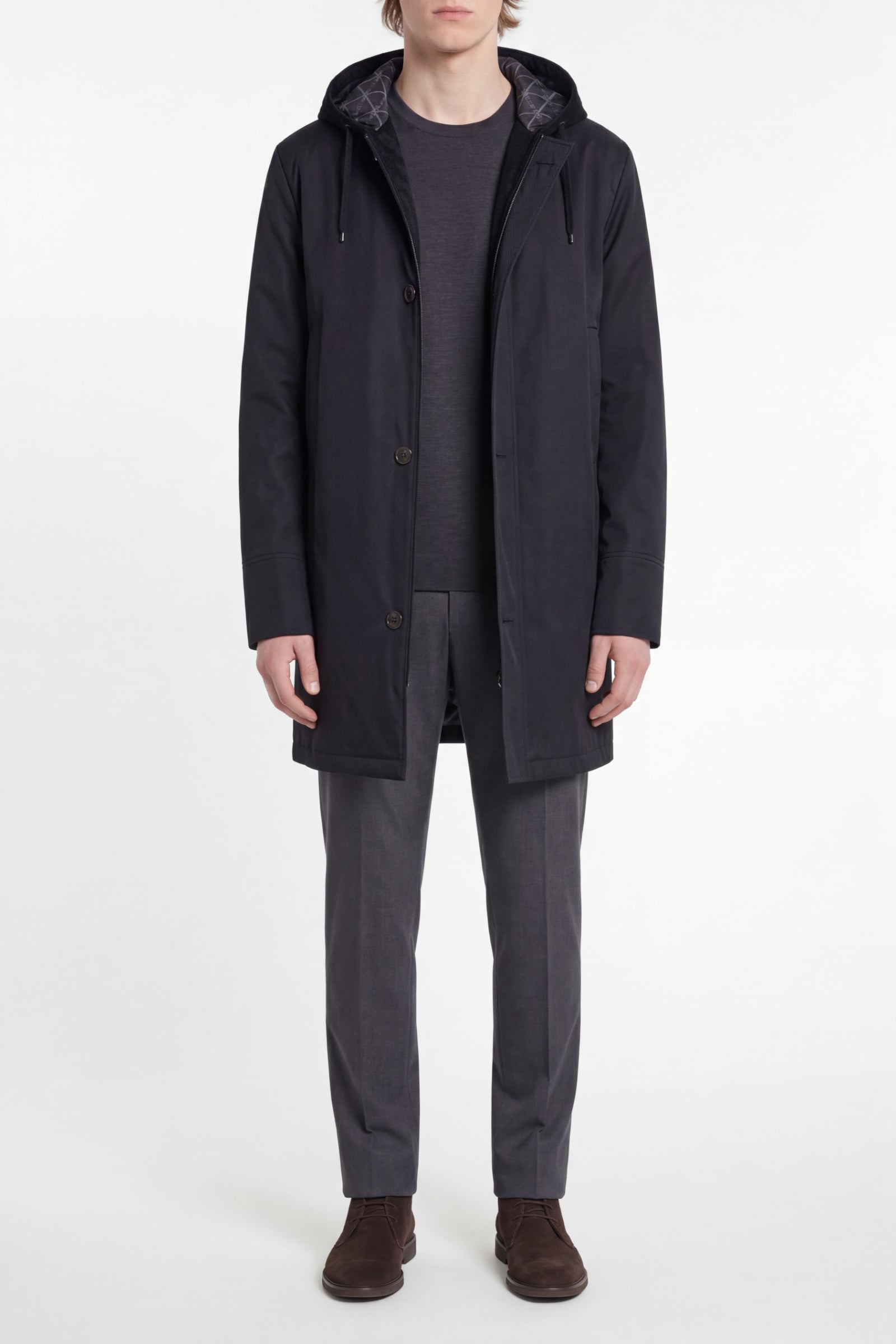 Parka à capuche et motif géométrique en soie - Noir
