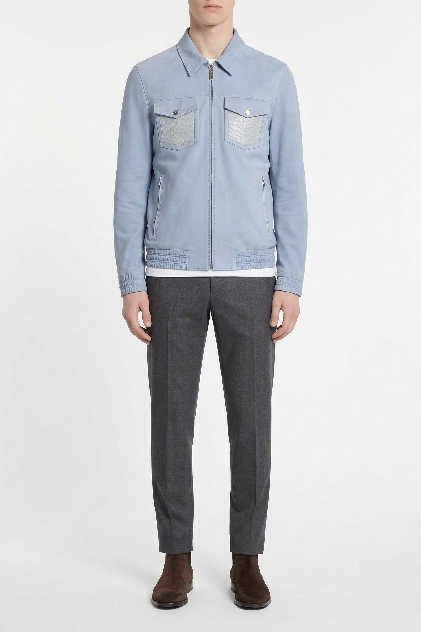 Blouson à empiècements en cuir - Bleu