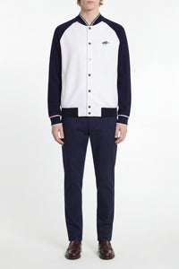 Bomber boutonné à manches raglan en soie - Blanc & Bleu soie