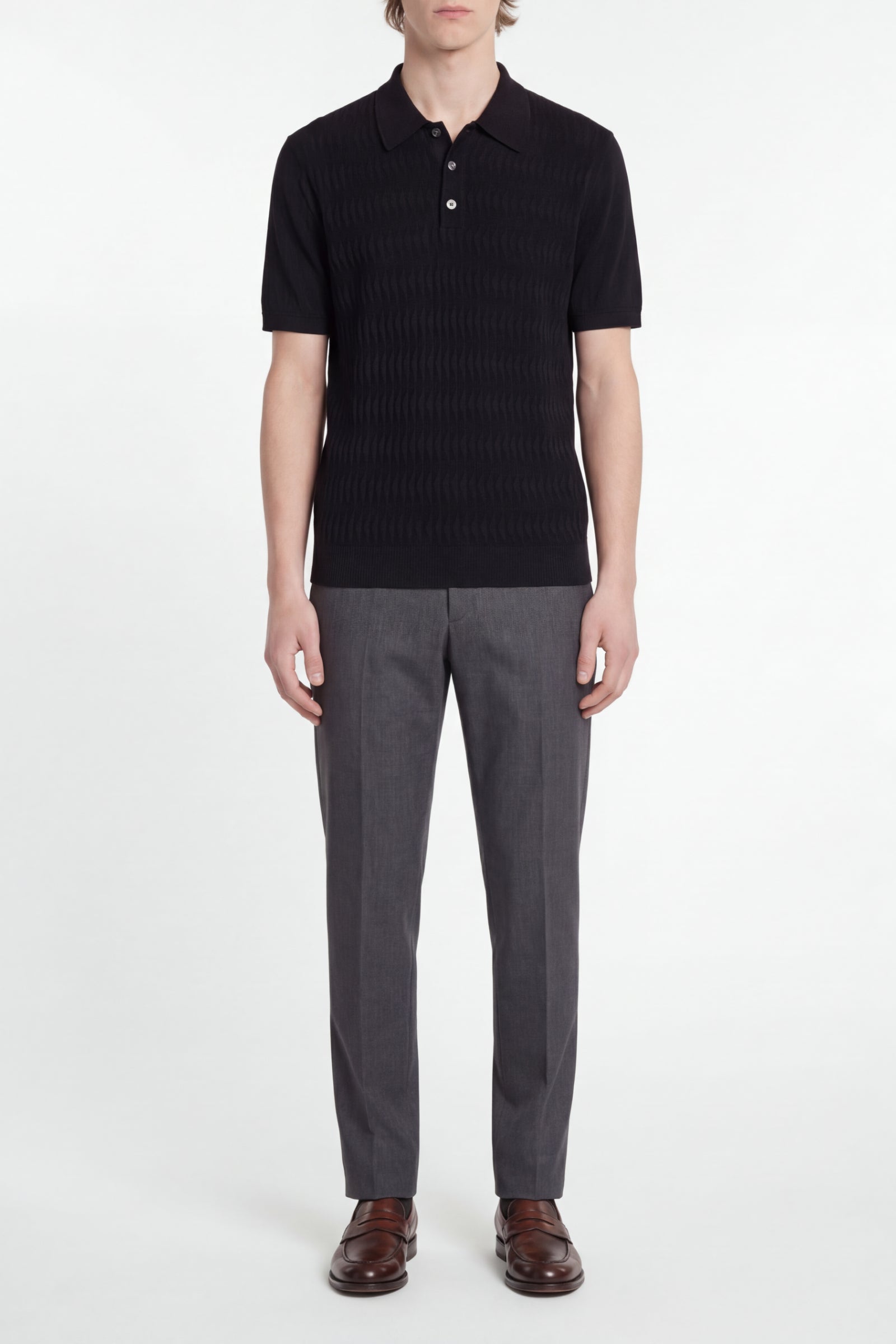 Ribbed textured polo shirt in silk - Black