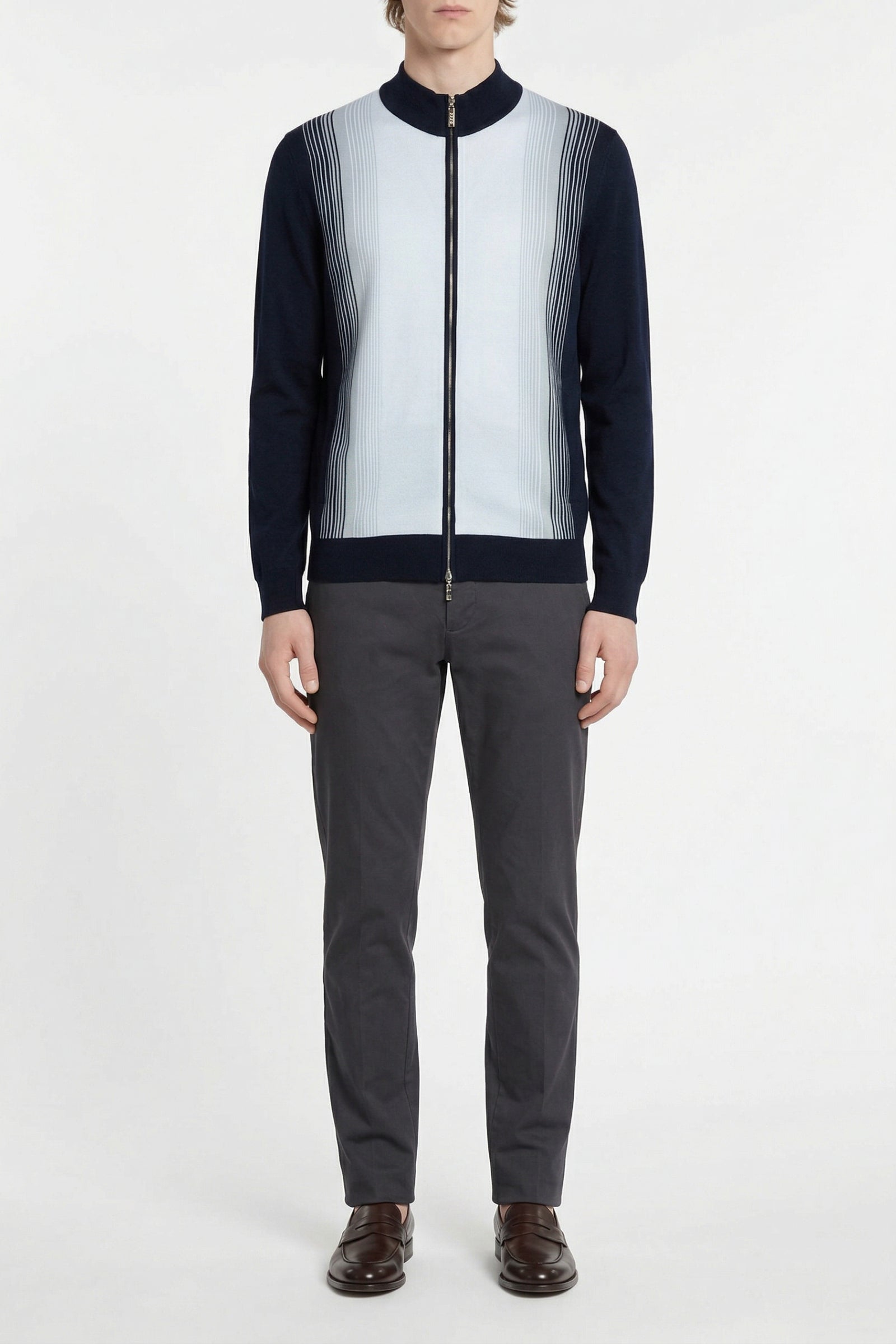 Gilet zippé à rayures verticales en soie - Dark Navy