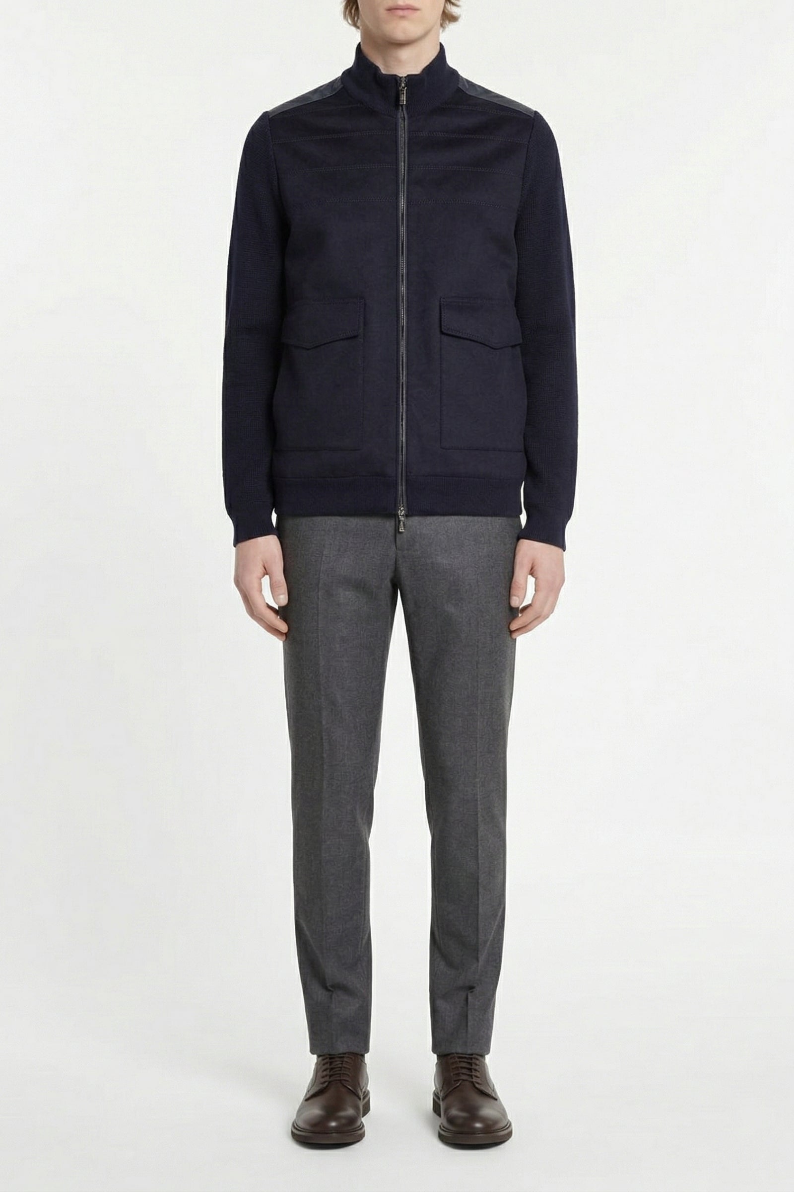 Veste zippée à empiècements en laine - Bleu