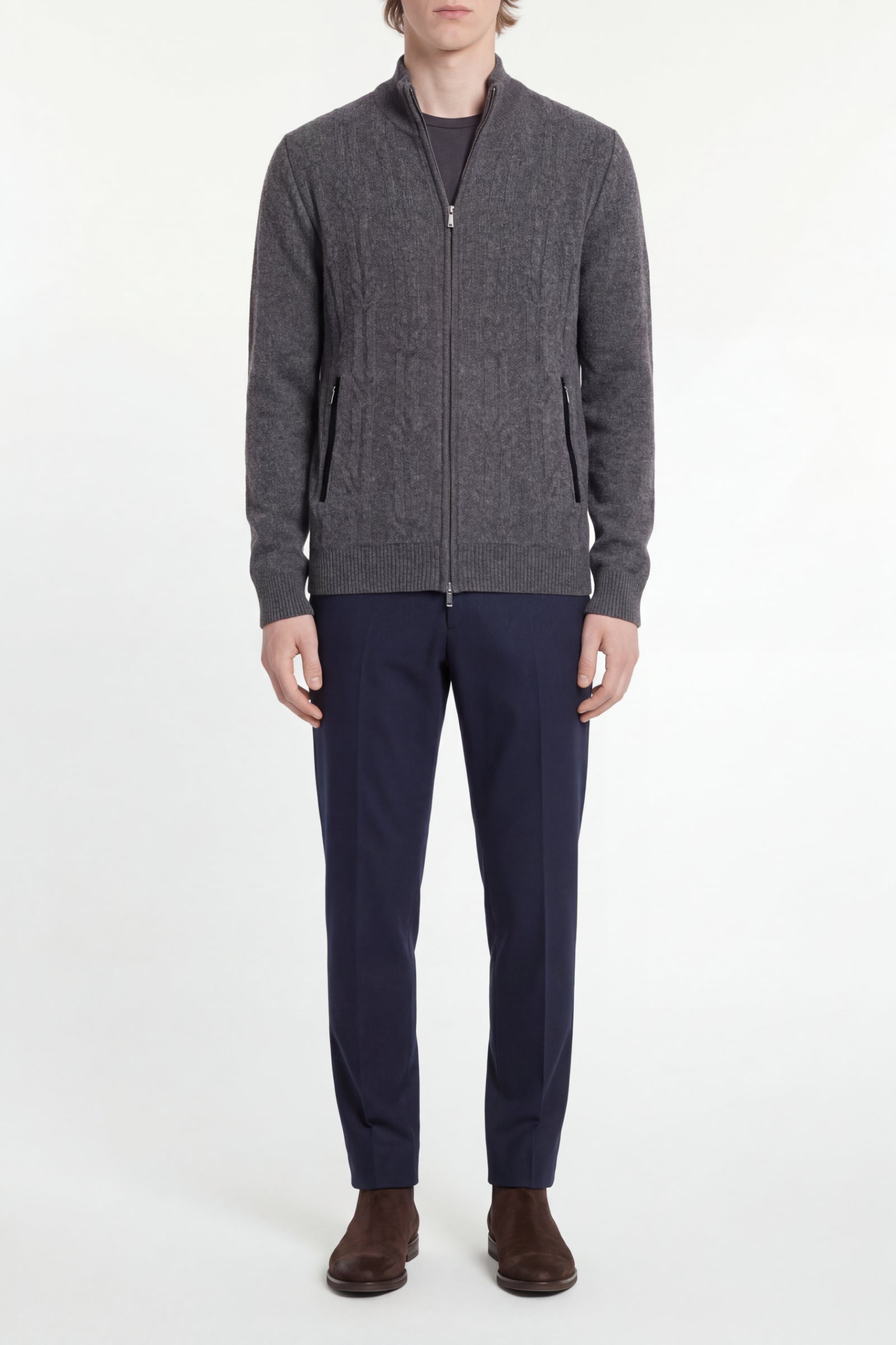 Cardigan zippé à maille torsadée en cachemire - Gris