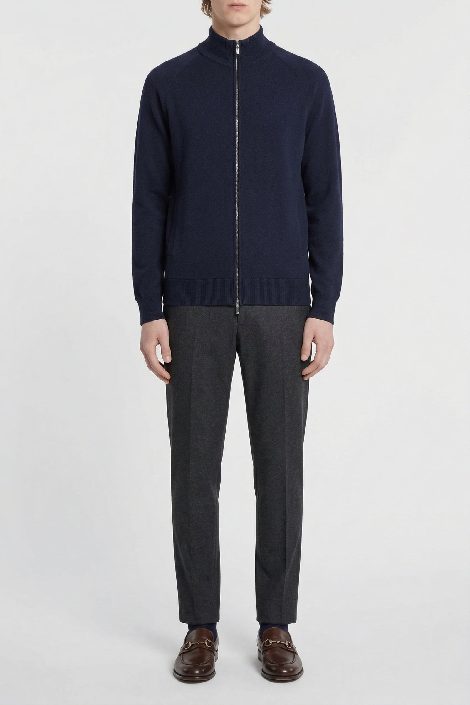Cardigan zippé à détail métallique en laine - Bleu