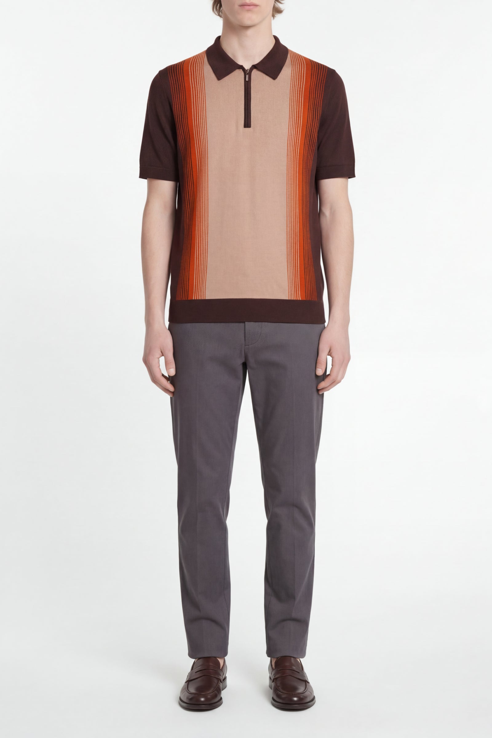 Polo à rayures en soie mélangée - Marron & Beige