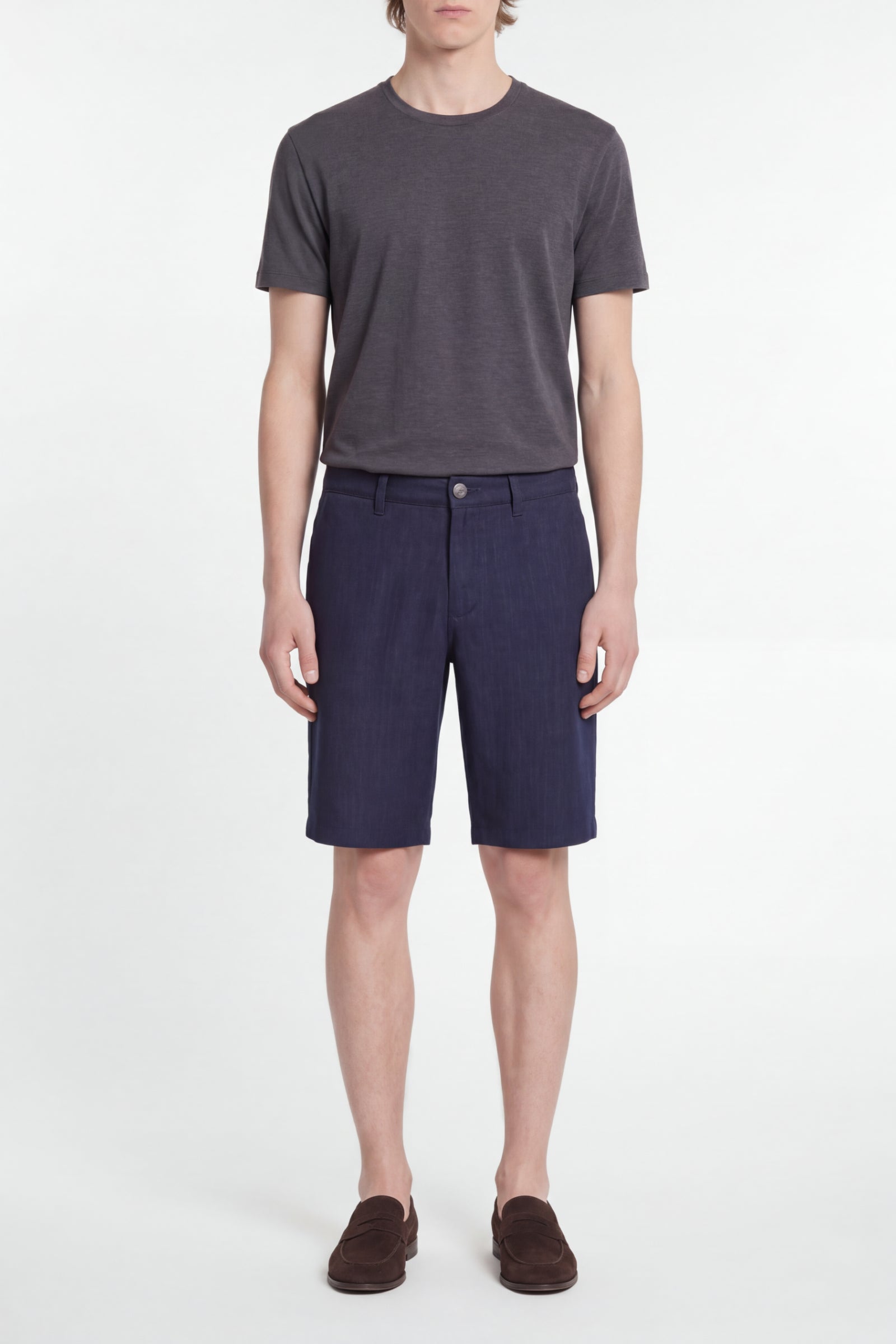 Short boutonné et chiné en lin - Bleu