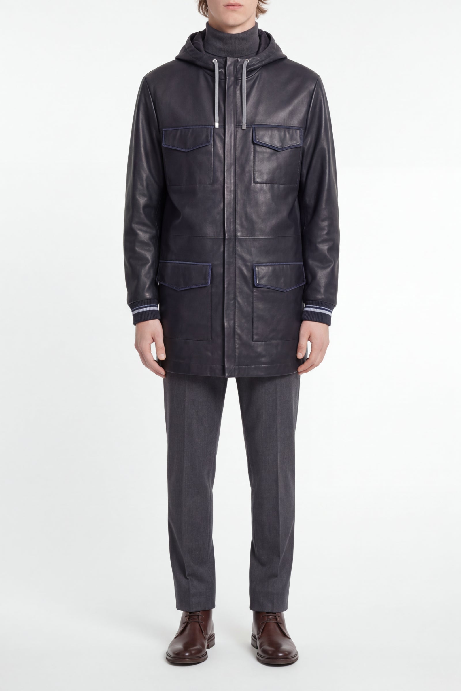 Parka à galon en cuir - Bleu