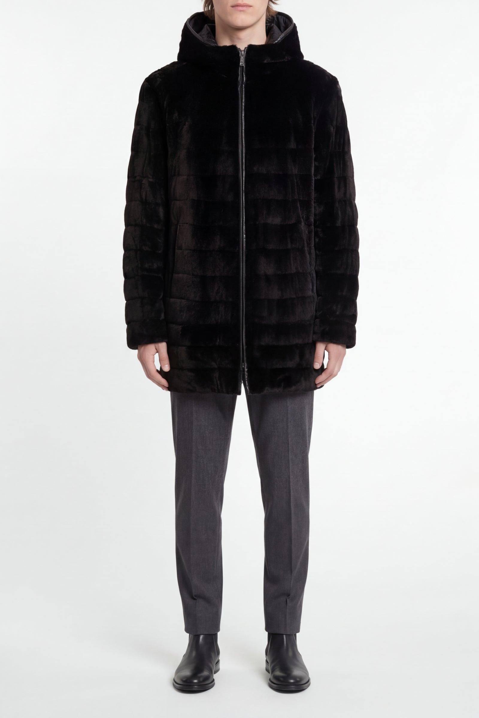 Manteau long réversible en fourrure - Noir