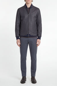 Bomber à empiècements texturés en cuir exotique - Marine