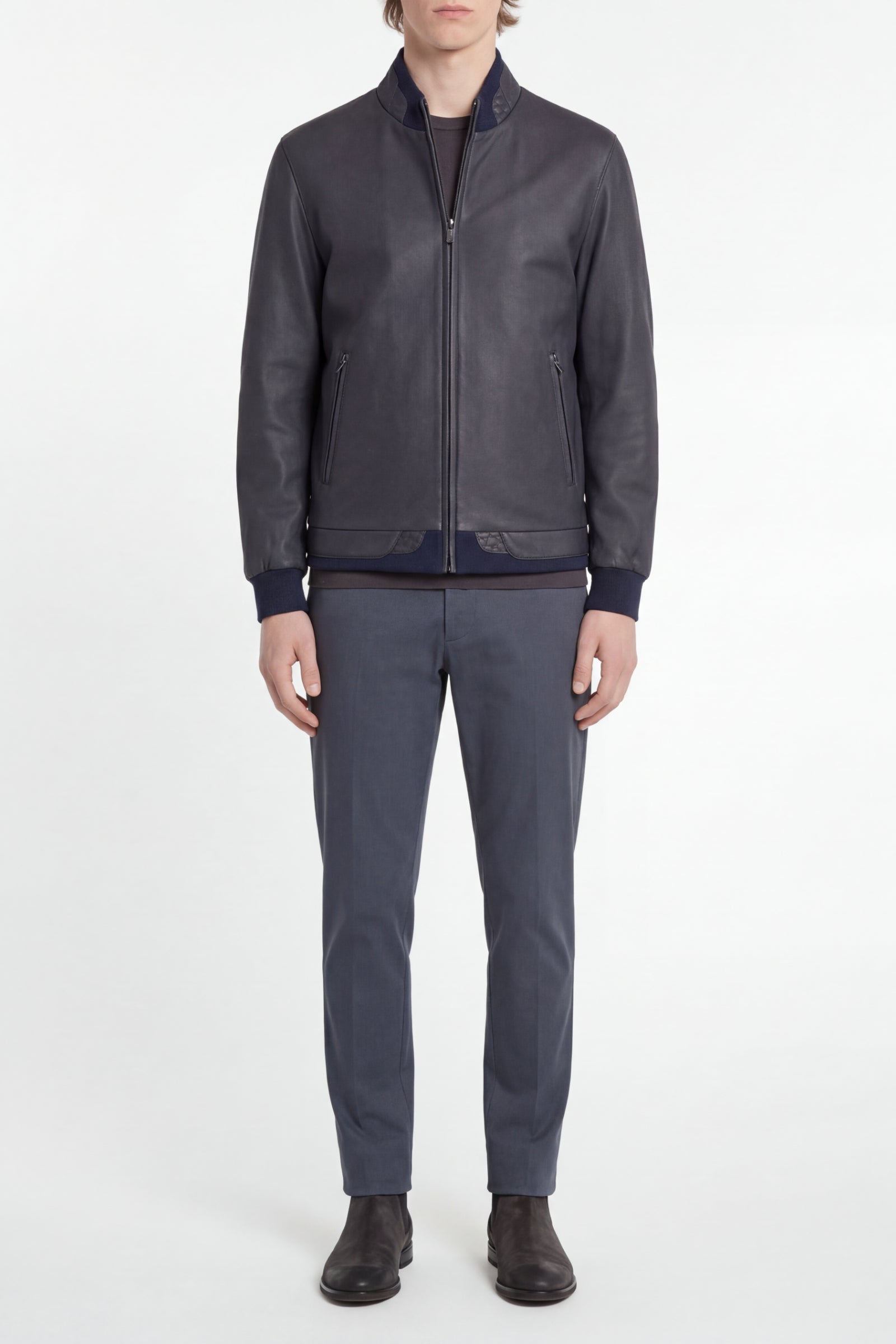 Bomber à empiècements texturés en cuir exotique - Marine